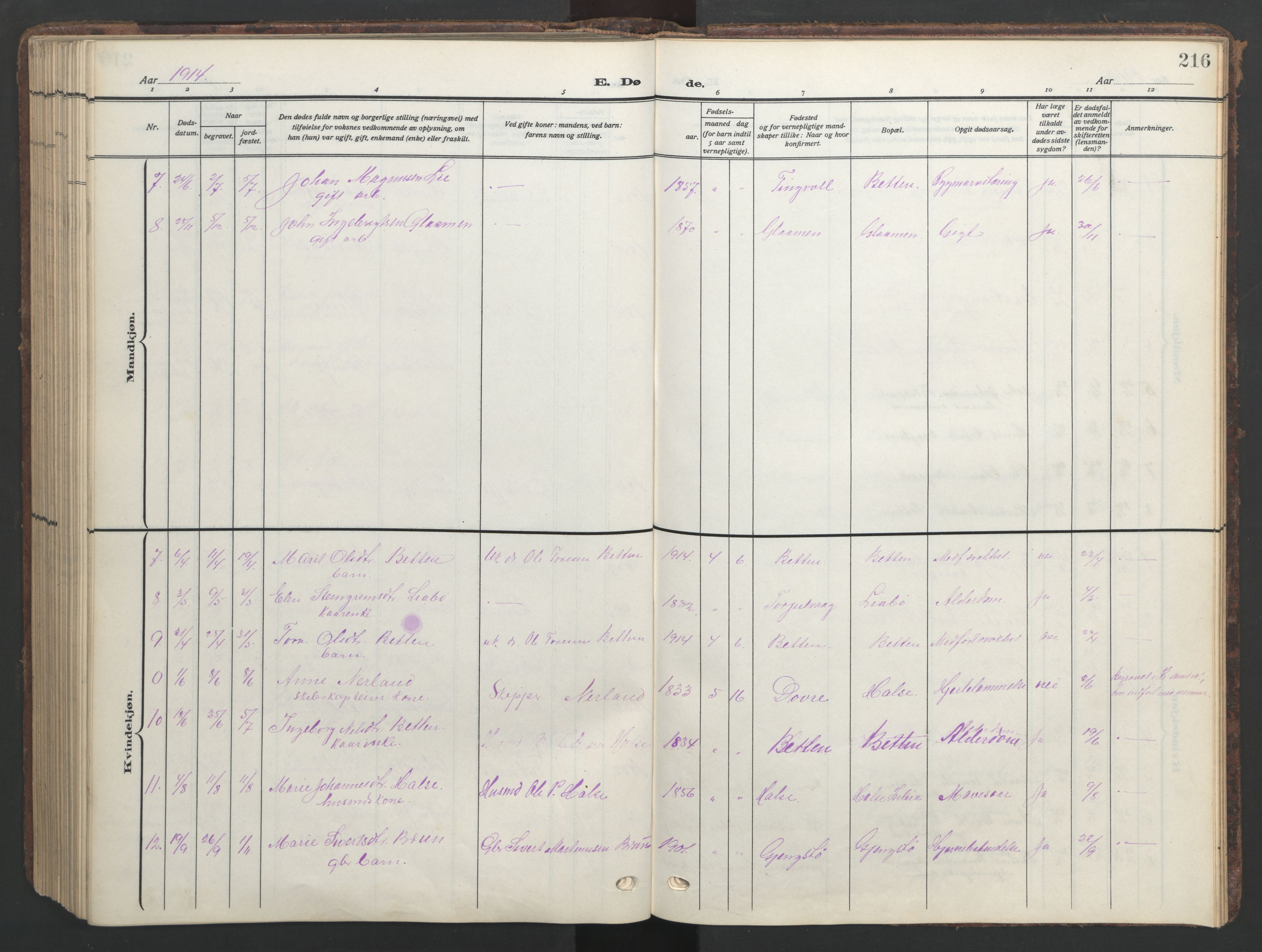 Ministerialprotokoller, klokkerbøker og fødselsregistre - Møre og Romsdal, SAT/A-1454/576/L0891: Parish register (copy) no. 576C02, 1909-1946, p. 216