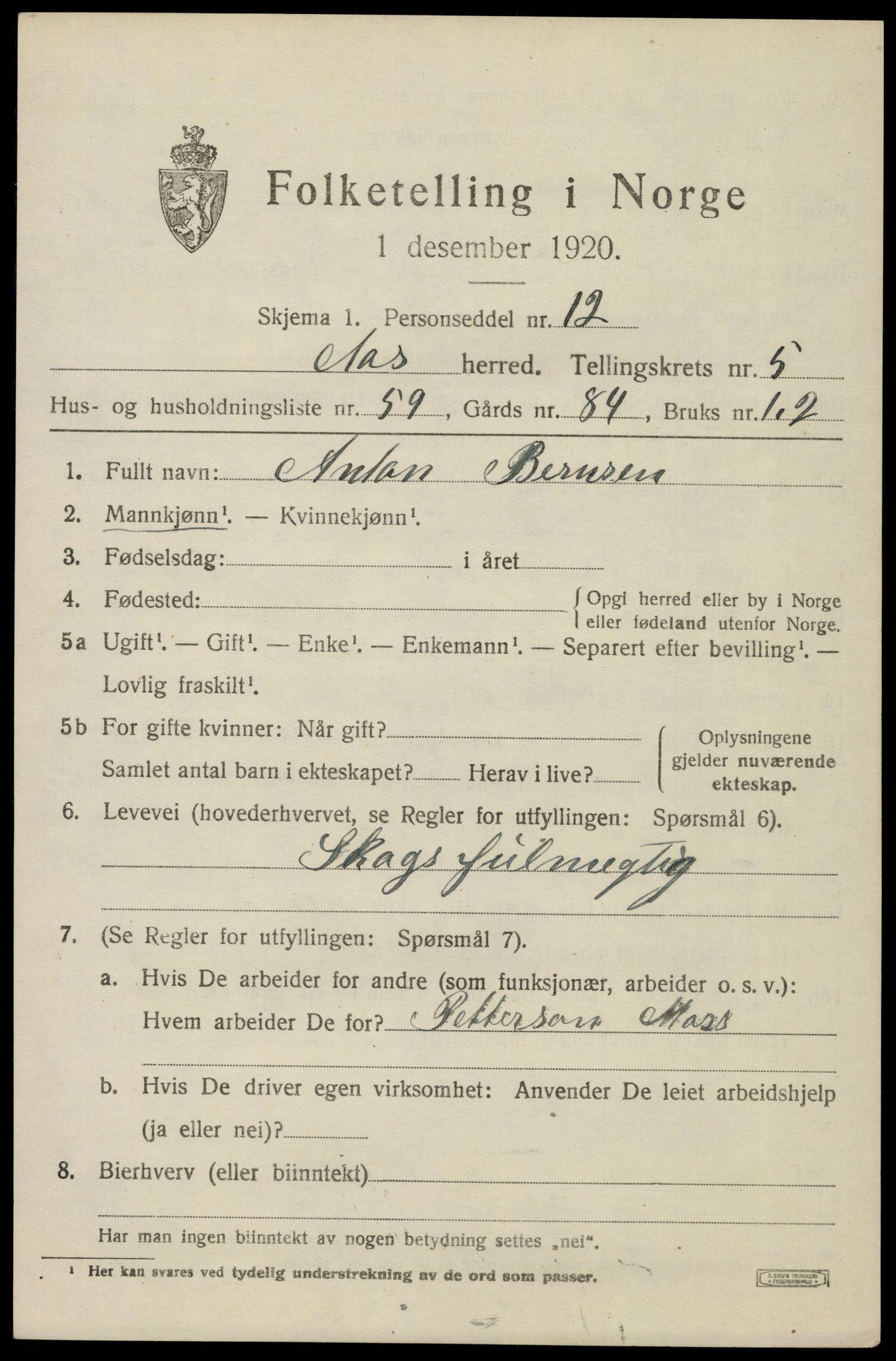 SAO, 1920 census for Ås, 1920, p. 6574