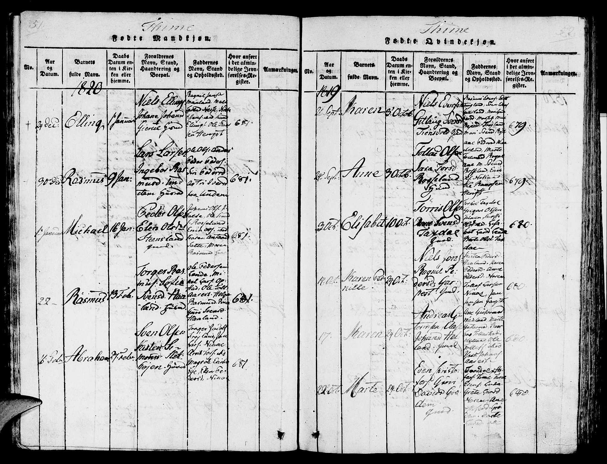 Lye sokneprestkontor, SAST/A-101794/001/30/30BA/L0003: Parish register (official) no. A 3 /1, 1816-1826, p. 51-52