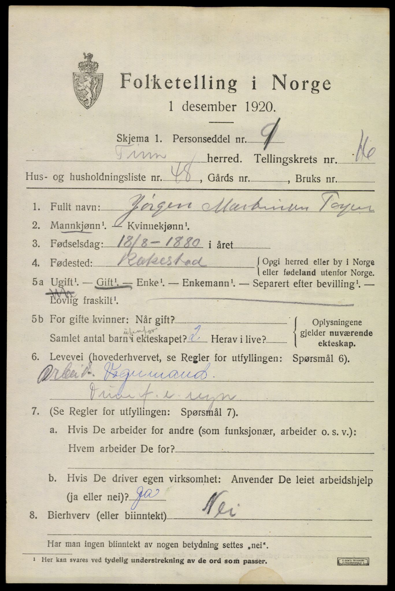 SAKO, 1920 census for Tinn, 1920, p. 17694