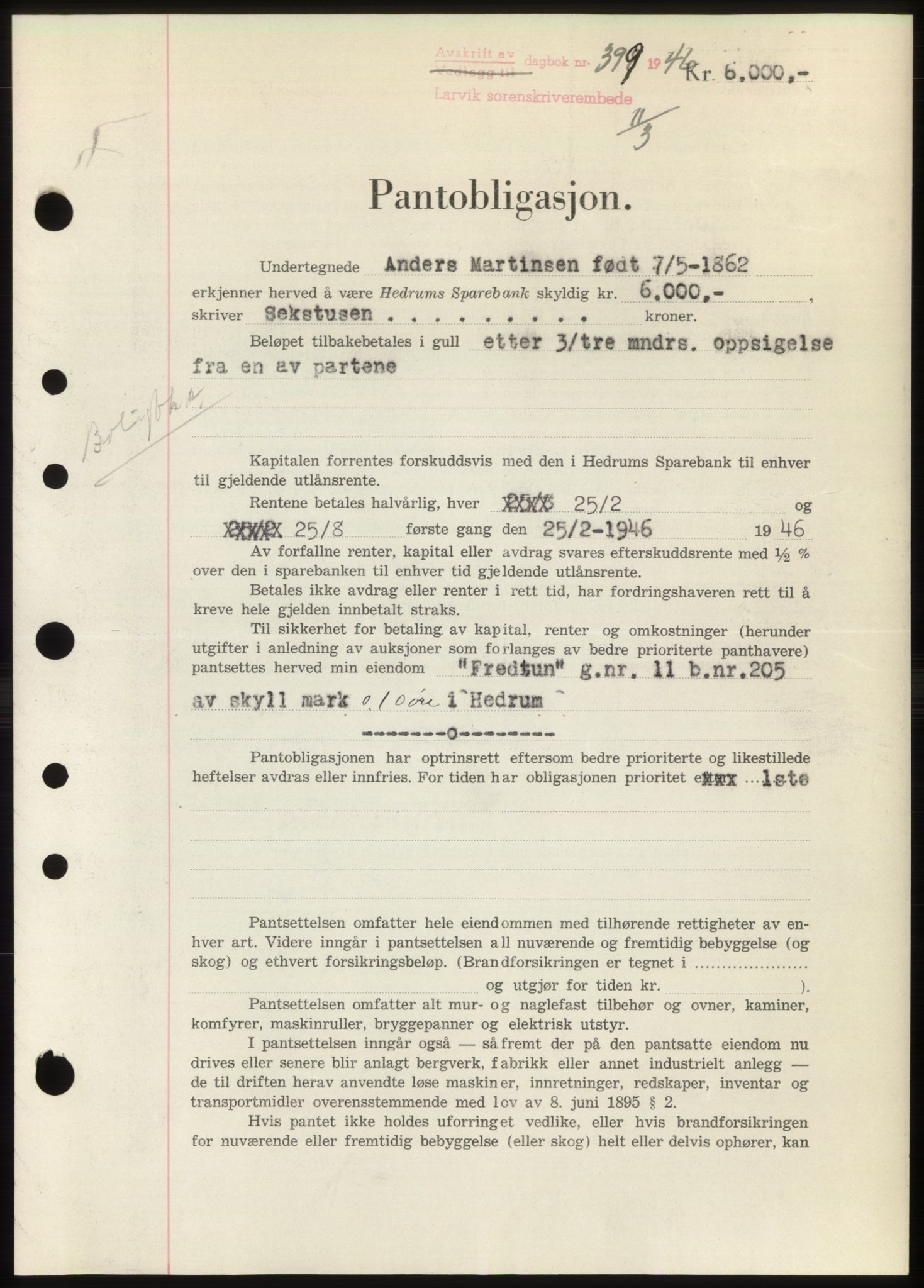 Larvik sorenskriveri, AV/SAKO-A-83/G/Ga/Gac/L0009b: Mortgage book no. B-9b, 1946-1946, Diary no: : 399/1946
