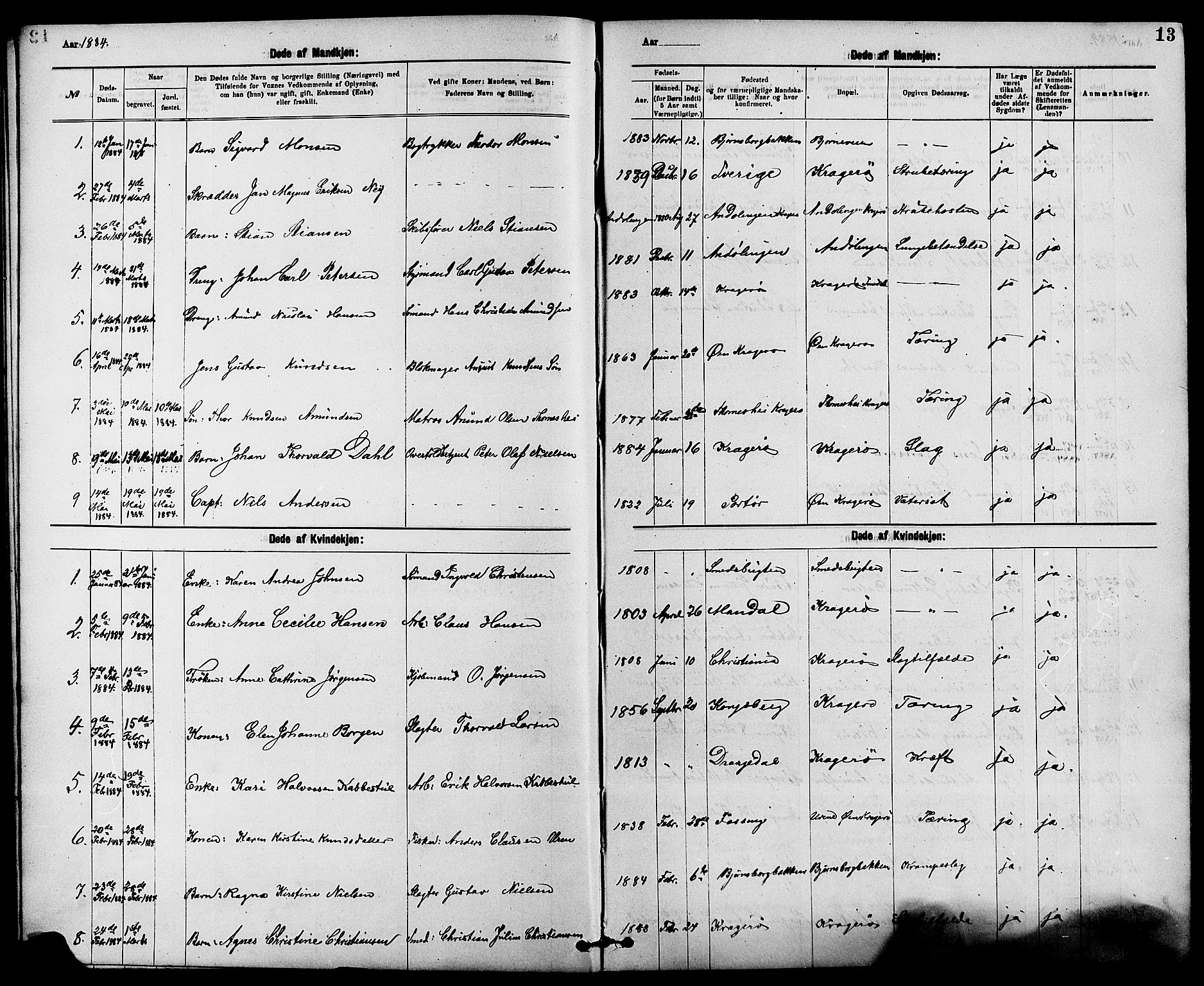 Kragerø kirkebøker, AV/SAKO-A-278/G/Ga/L0008: Parish register (copy) no. 8, 1881-1914, p. 13