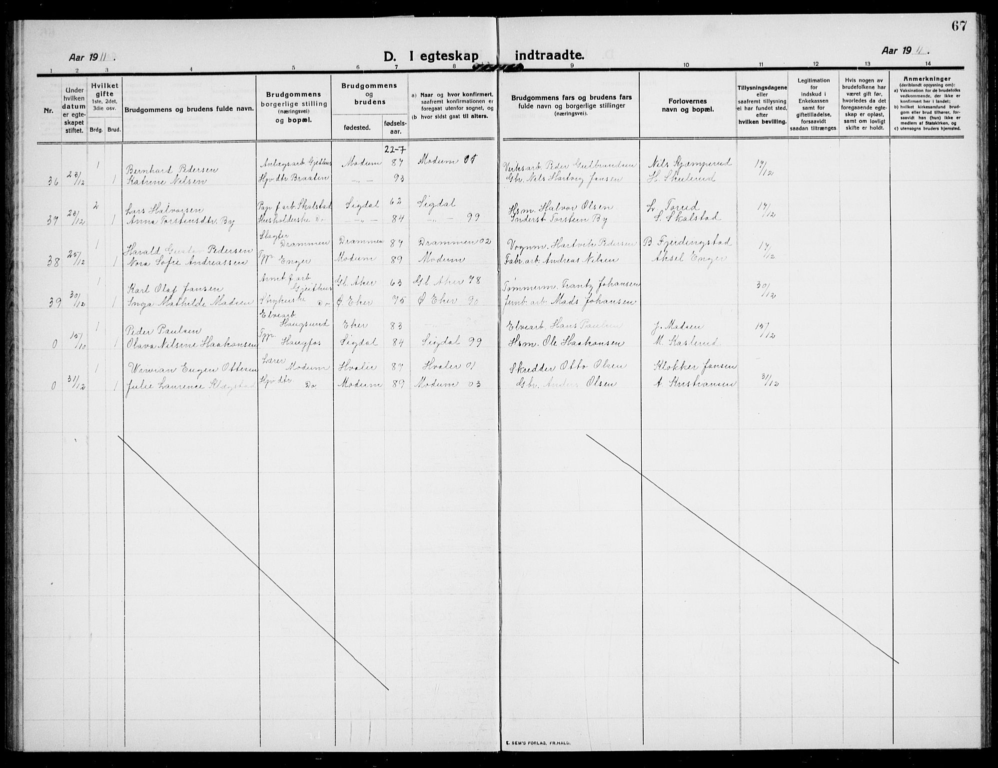 Modum kirkebøker, AV/SAKO-A-234/G/Ga/L0010: Parish register (copy) no. I 10, 1909-1923, p. 67