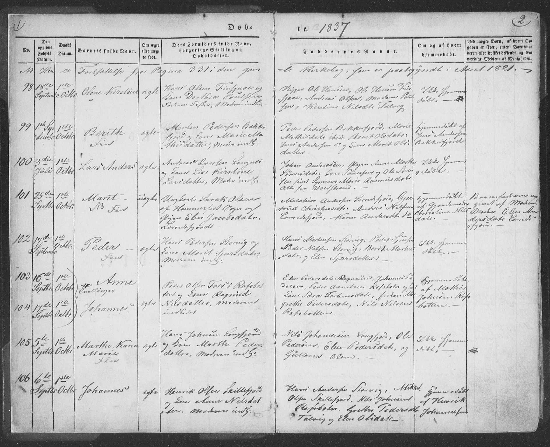Talvik sokneprestkontor, SATØ/S-1337/H/Ha/L0009kirke: Parish register (official) no. 9, 1837-1852, p. 2