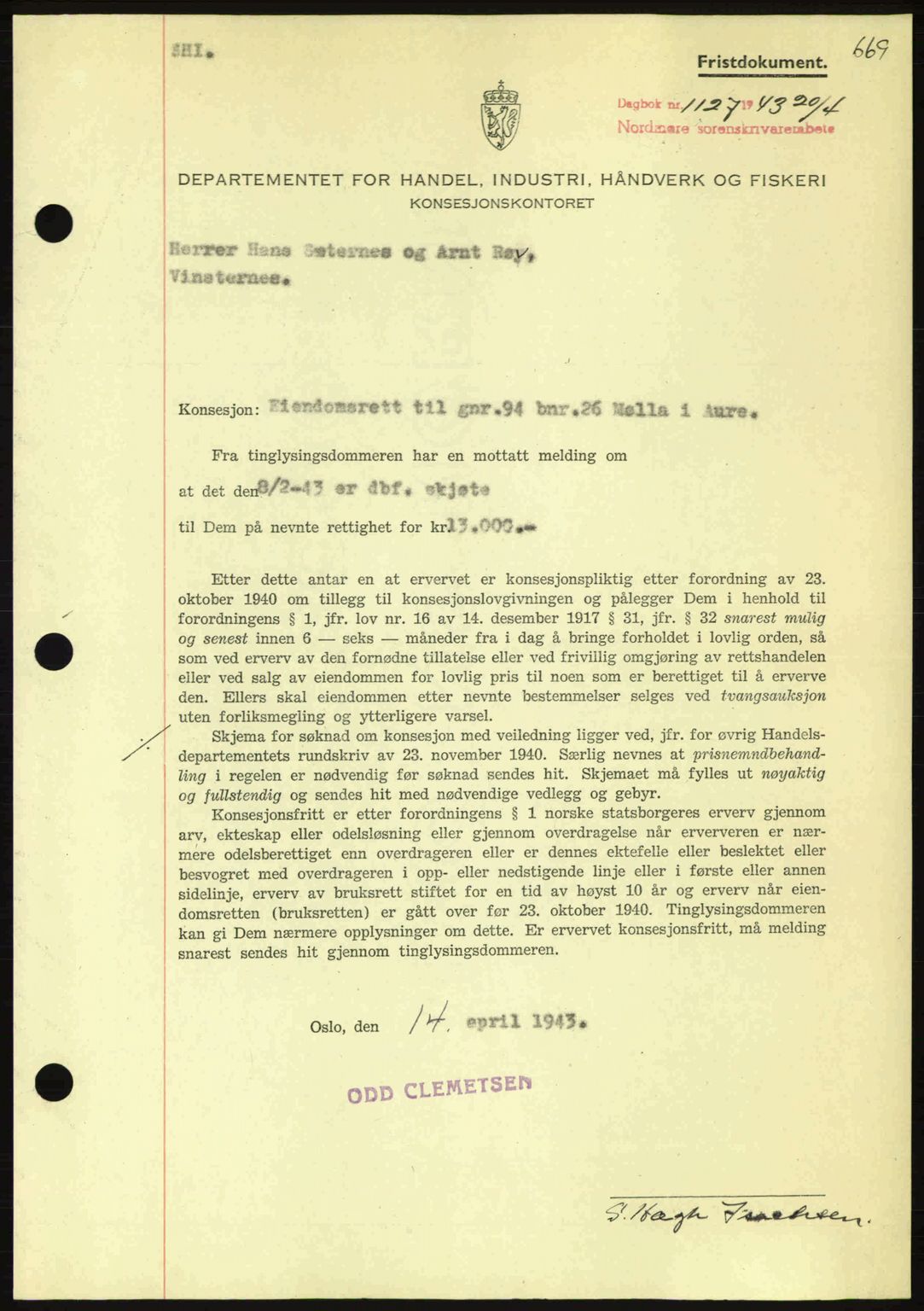 Nordmøre sorenskriveri, AV/SAT-A-4132/1/2/2Ca: Mortgage book no. B90, 1942-1943, Diary no: : 1127/1943