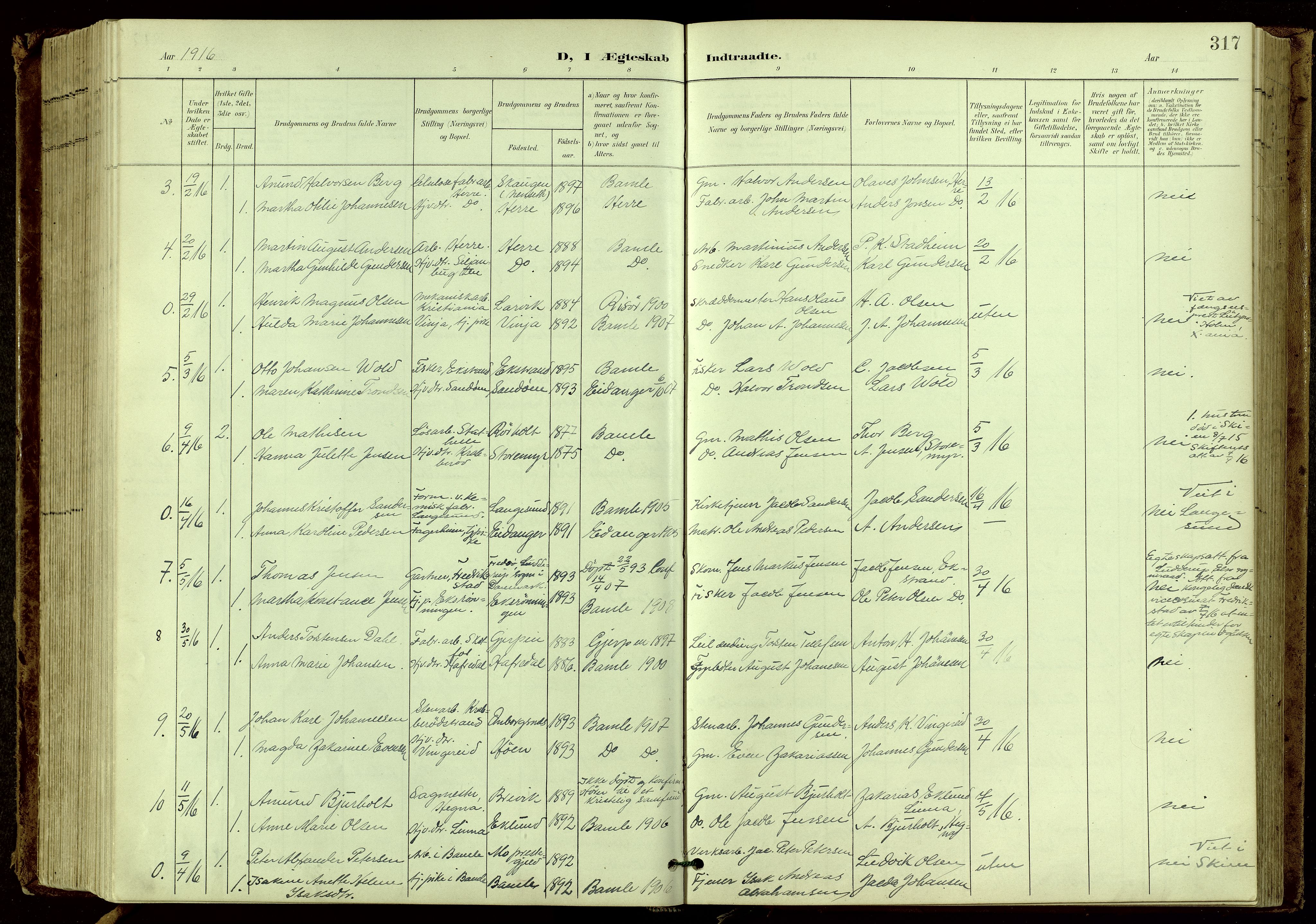 Bamble kirkebøker, SAKO/A-253/G/Ga/L0010: Parish register (copy) no. I 10, 1901-1919, p. 317