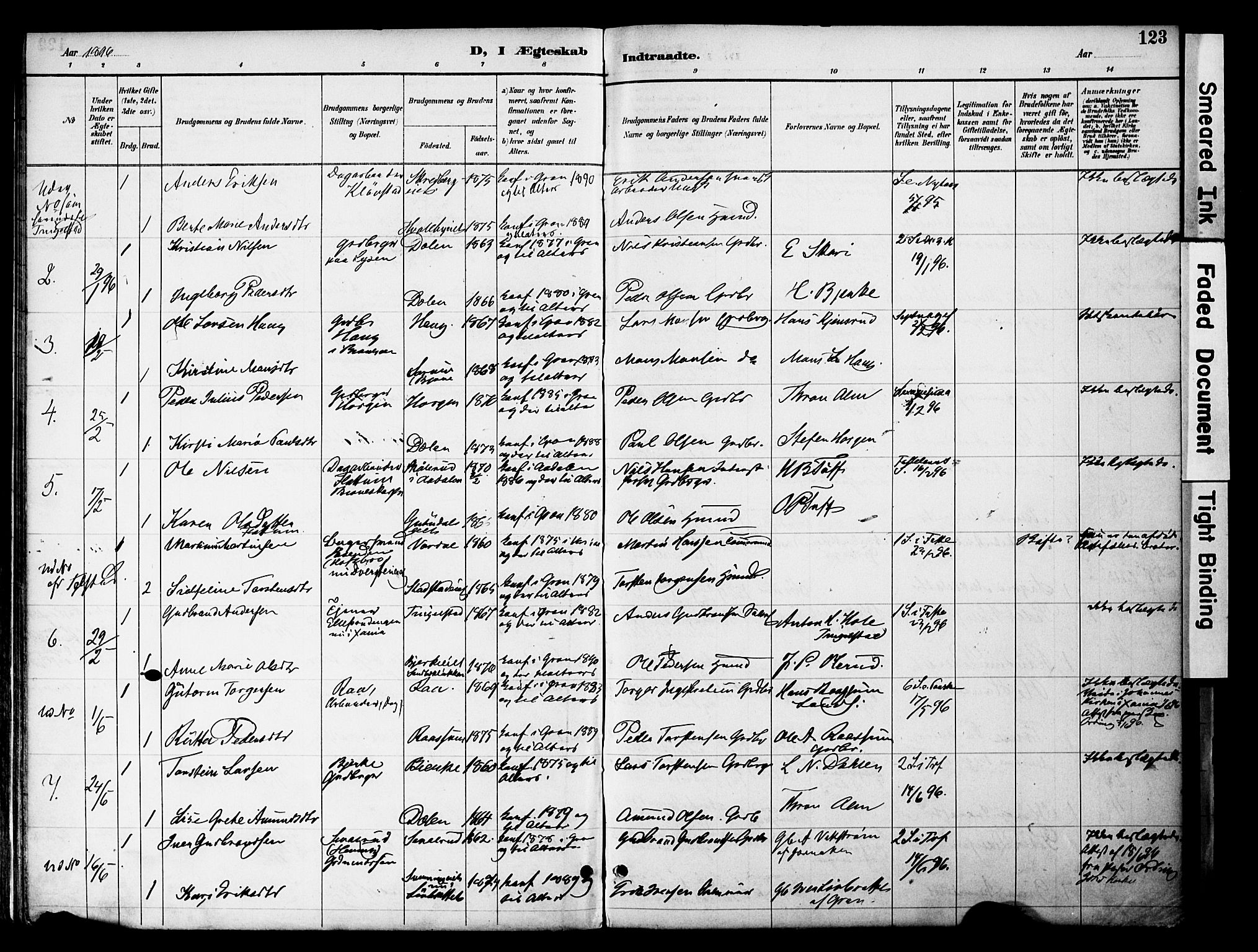 Gran prestekontor, SAH/PREST-112/H/Ha/Haa/L0020: Parish register (official) no. 20, 1889-1899, p. 123