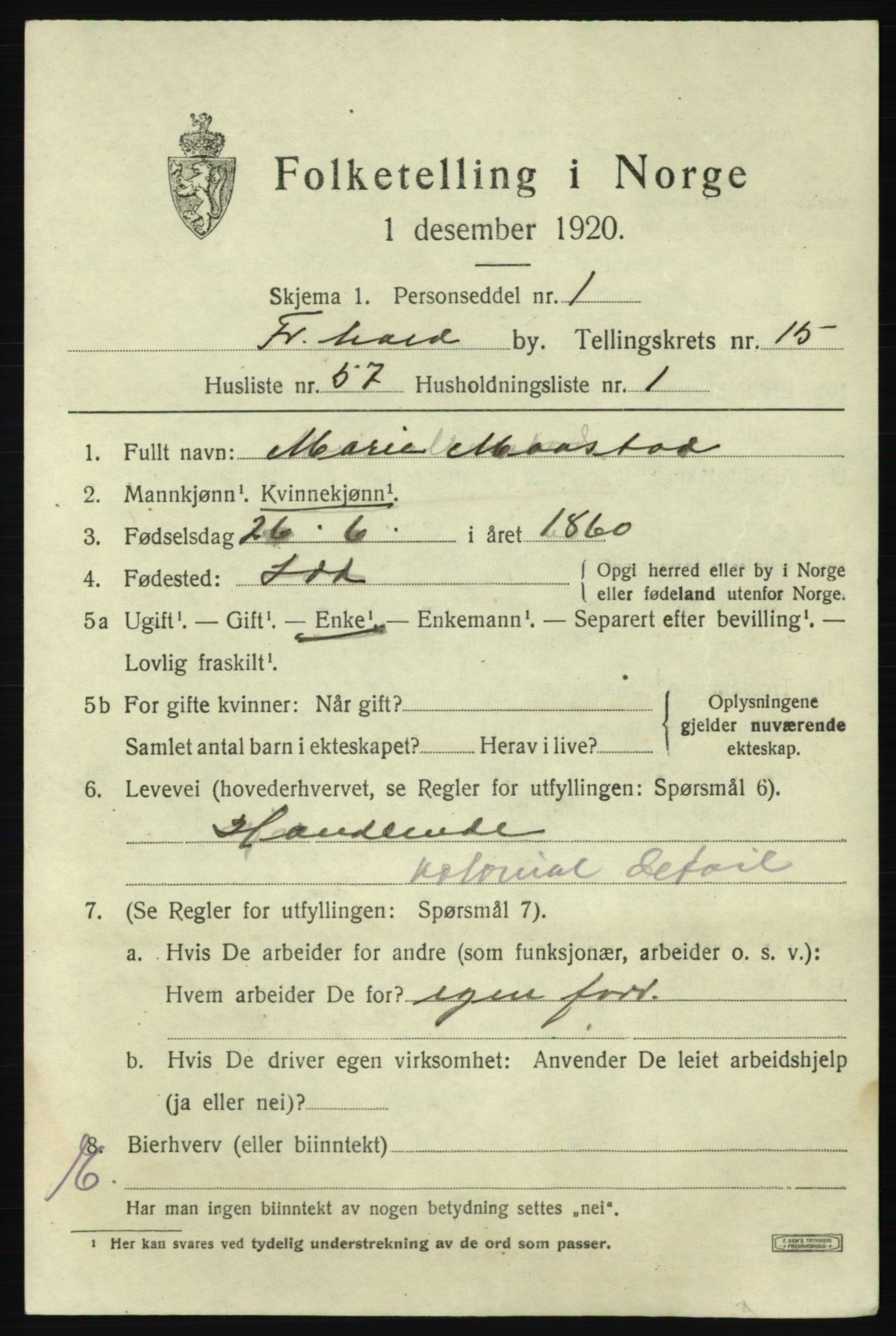SAO, 1920 census for Fredrikshald, 1920, p. 24486
