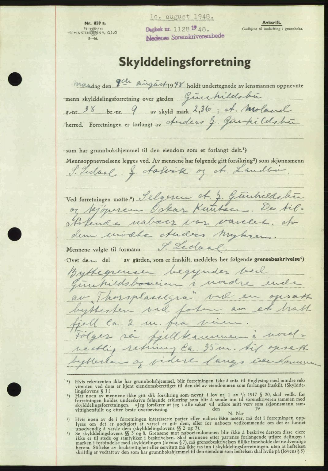 Nedenes sorenskriveri, AV/SAK-1221-0006/G/Gb/Gba/L0059: Mortgage book no. A11, 1948-1948, Diary no: : 1128/1948