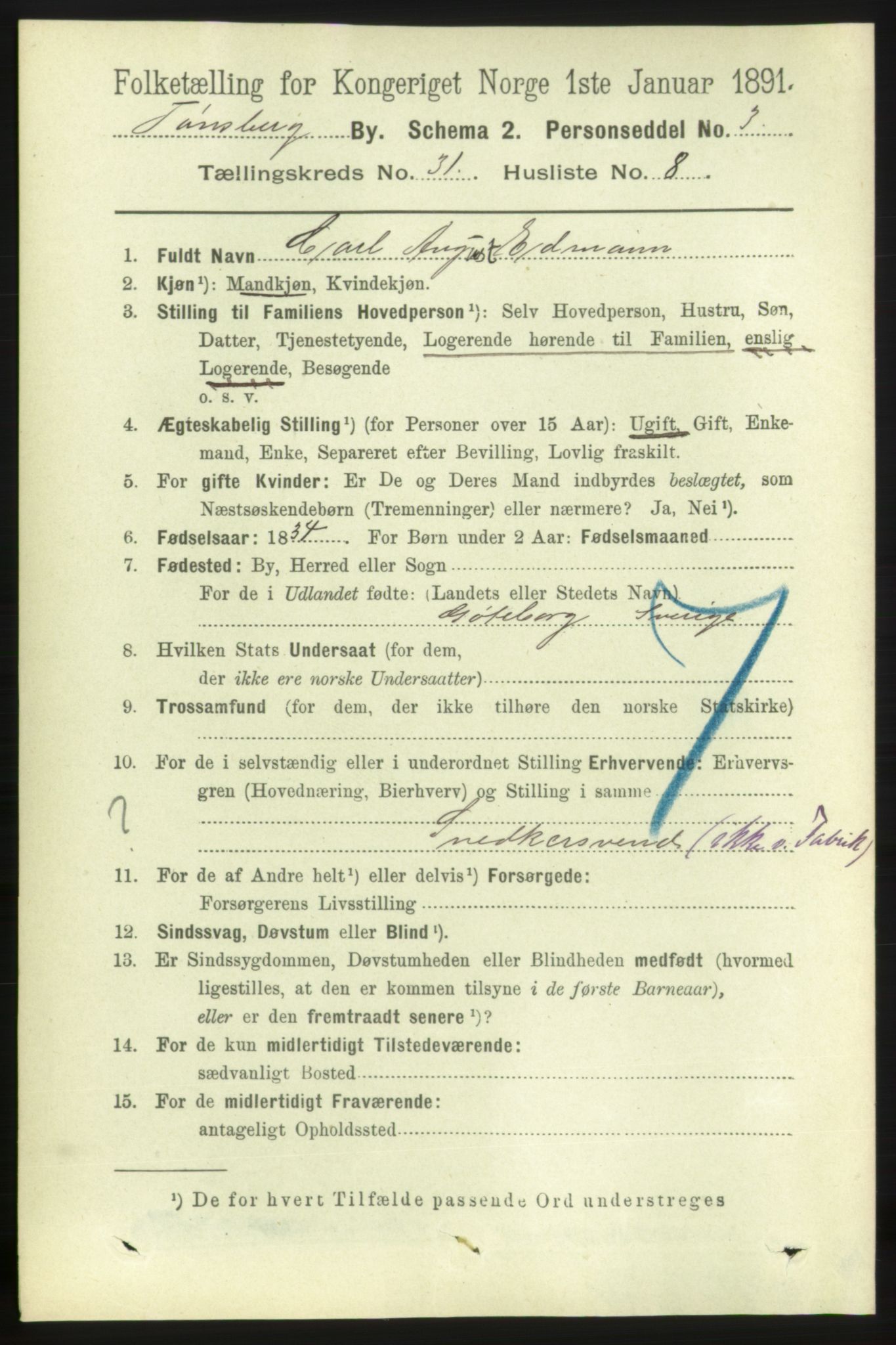 RA, 1891 census for 0705 Tønsberg, 1891, p. 7457