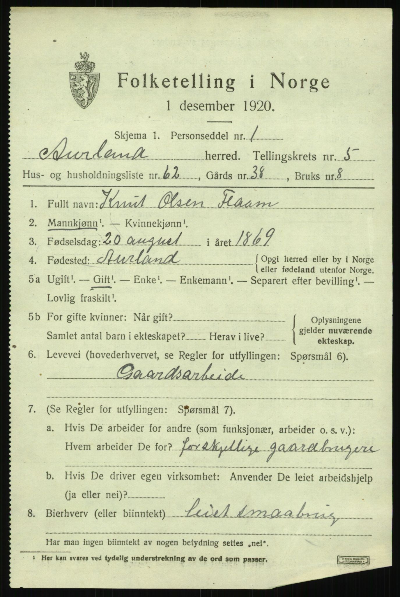 SAB, 1920 census for Aurland, 1920, p. 3860