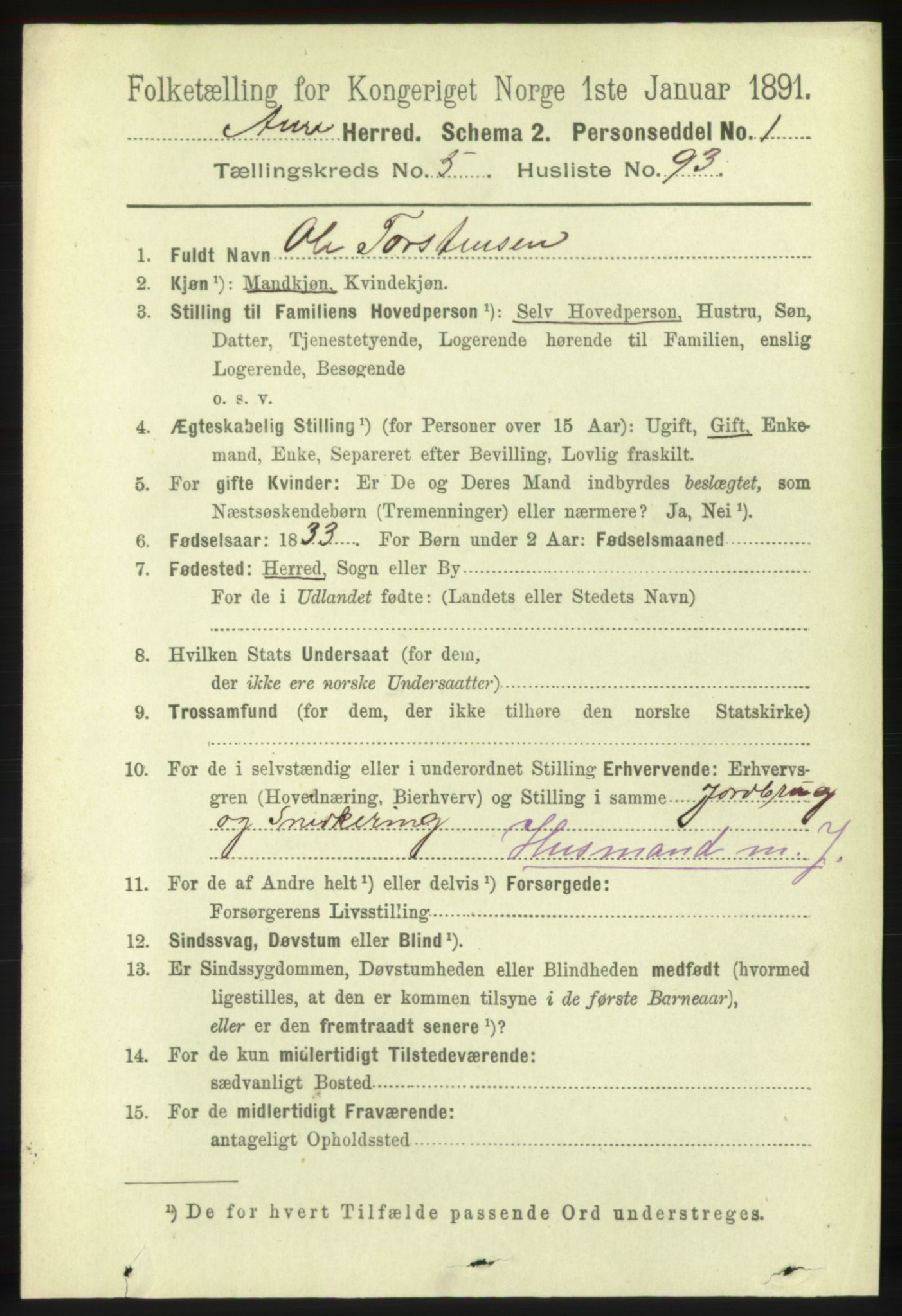 RA, 1891 census for 1569 Aure, 1891, p. 3298