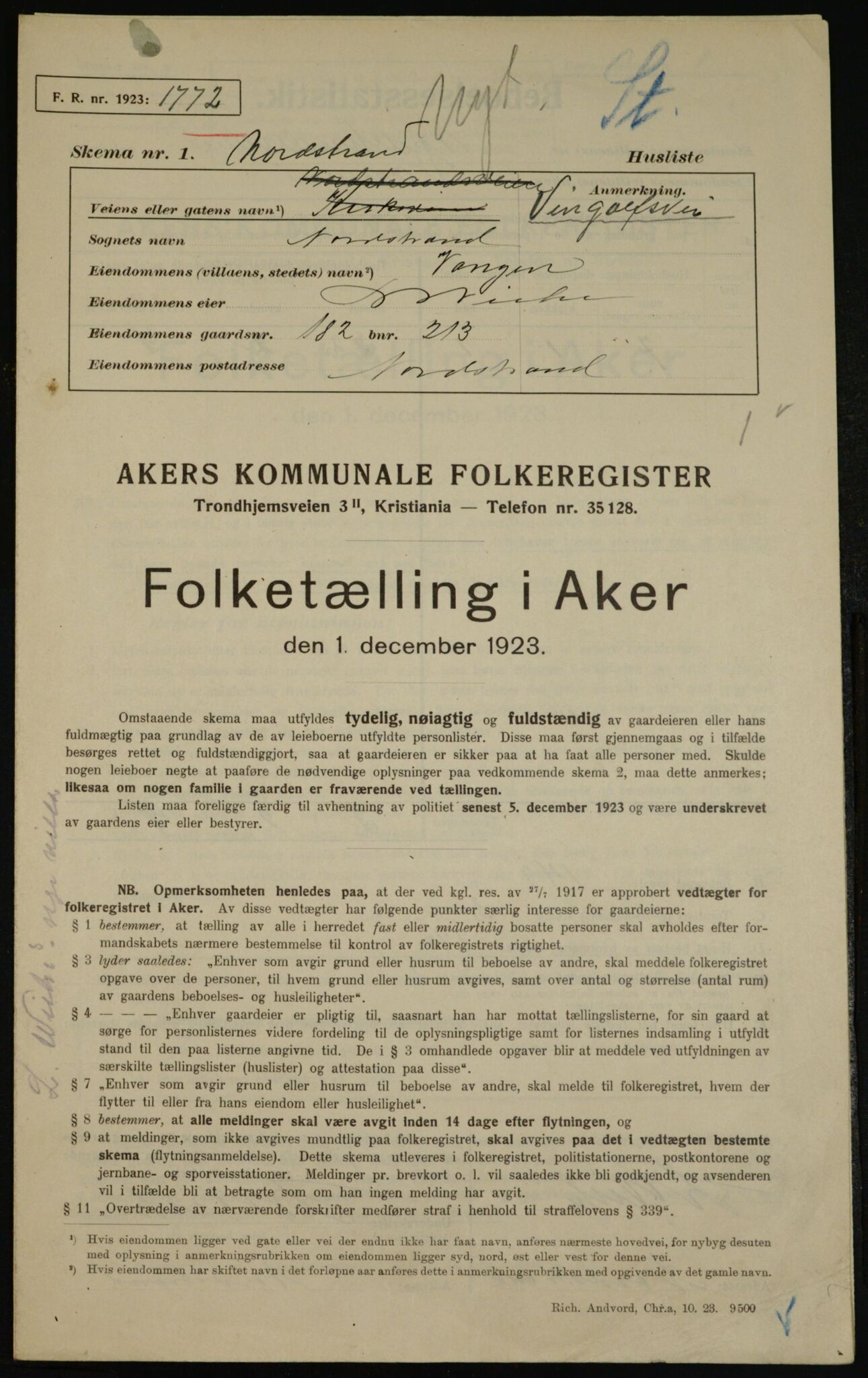 , Municipal Census 1923 for Aker, 1923, p. 46739