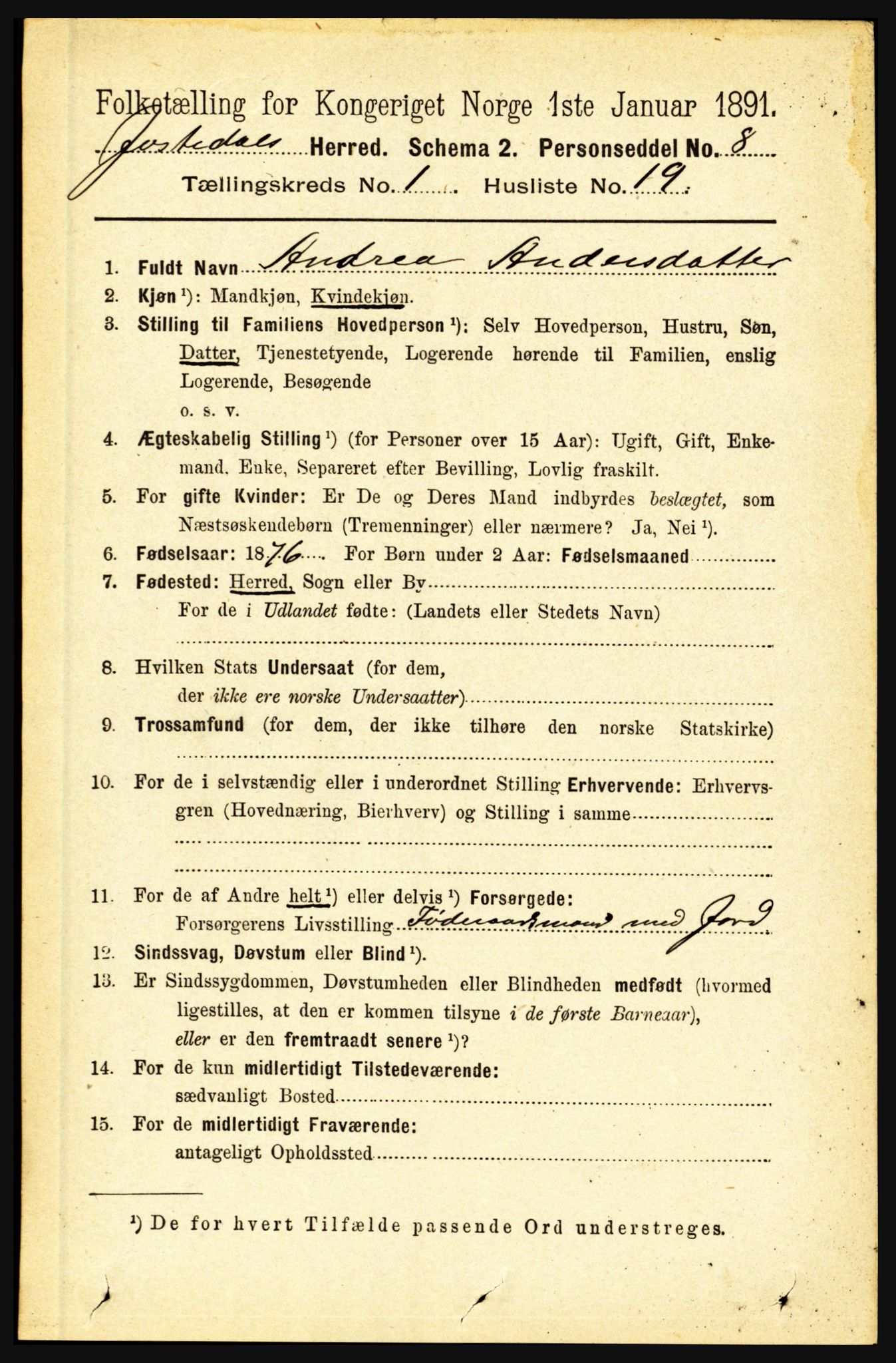 RA, 1891 census for 1427 Jostedal, 1891, p. 203