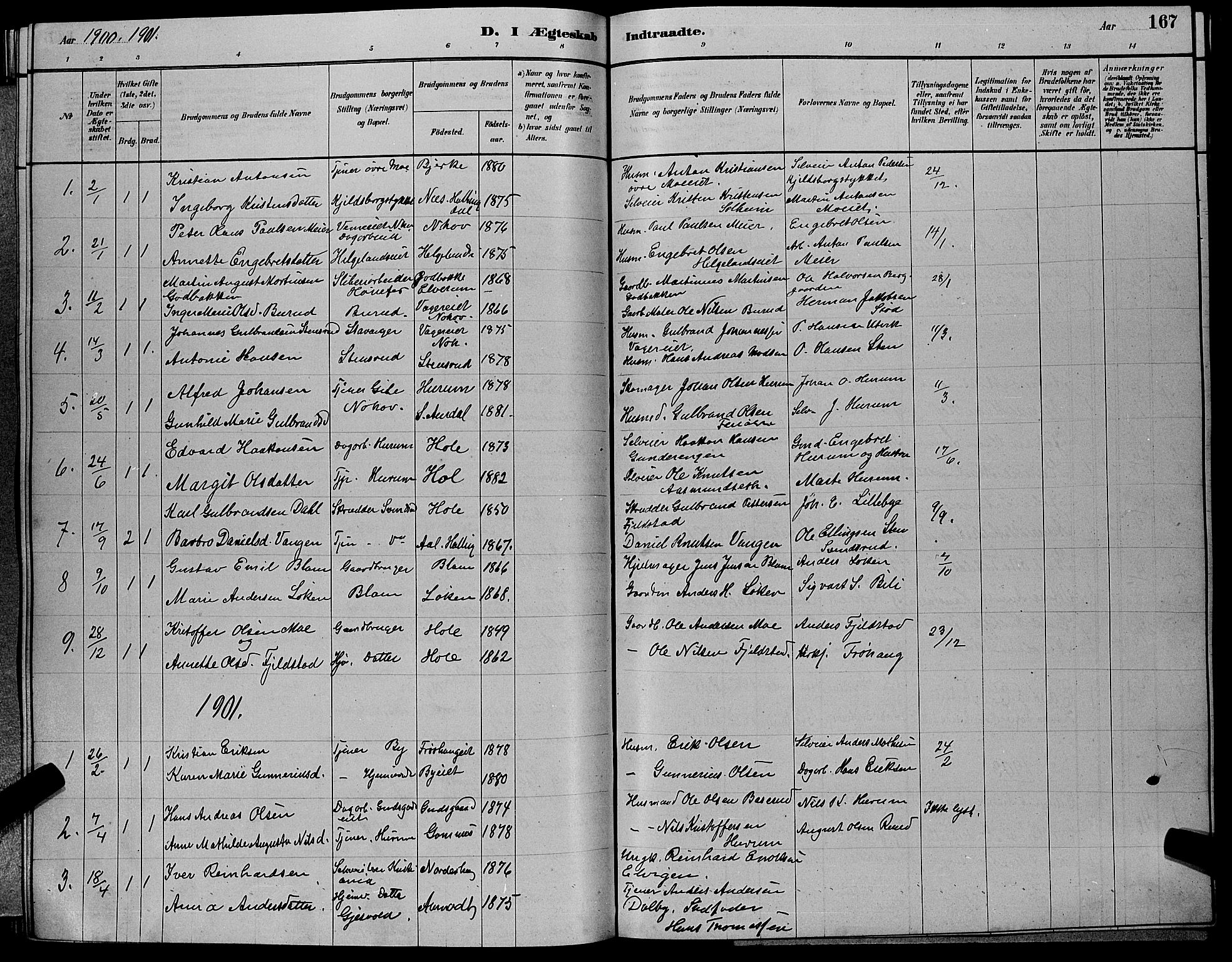 Hole kirkebøker, SAKO/A-228/G/Ga/L0003: Parish register (copy) no. I 3, 1879-1904, p. 167