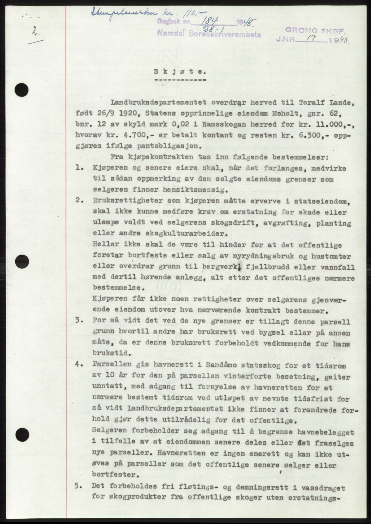 Namdal sorenskriveri, SAT/A-4133/1/2/2C: Mortgage book no. -, 1947-1948, Diary no: : 184/1948