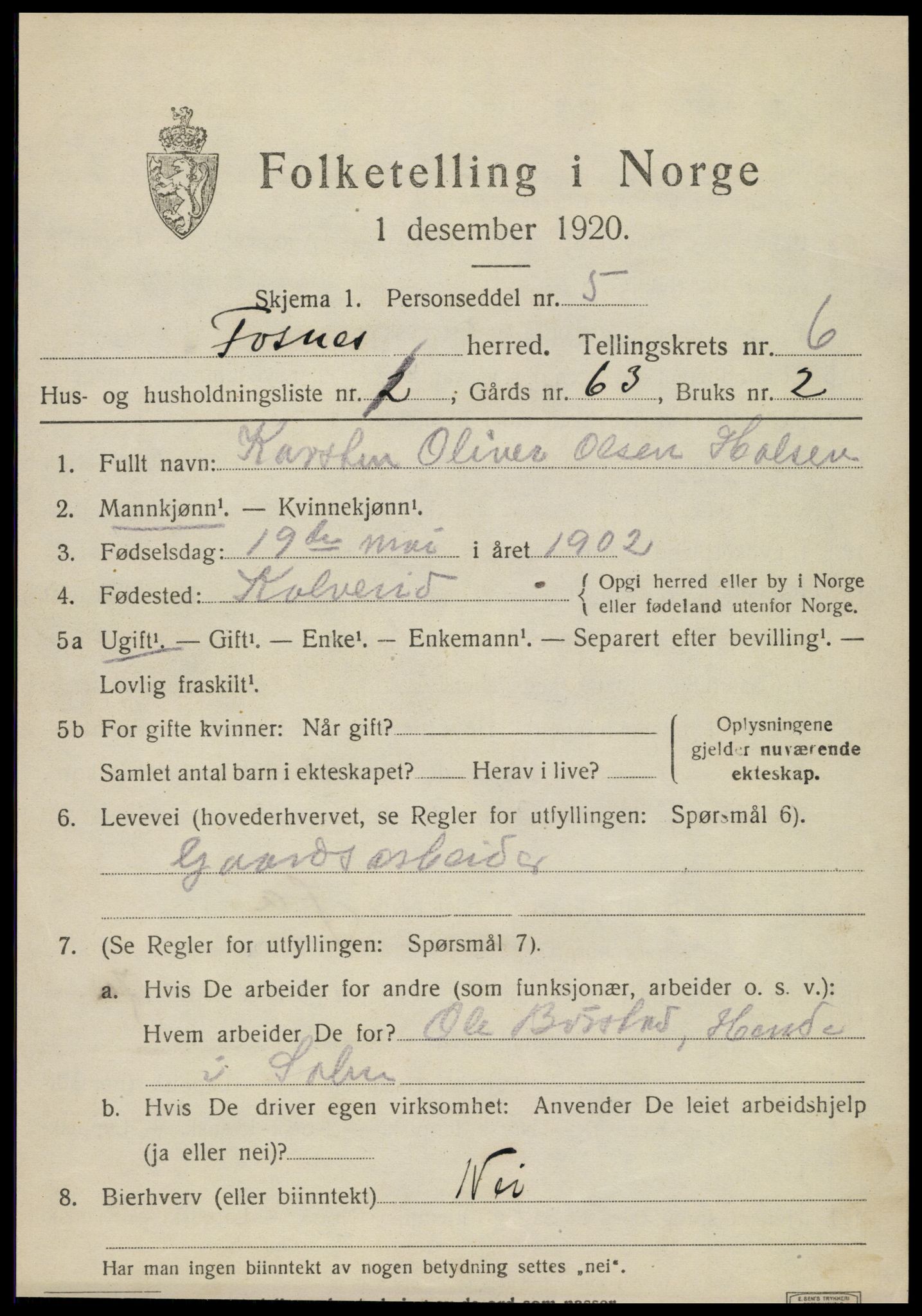 SAT, 1920 census for Fosnes, 1920, p. 2579