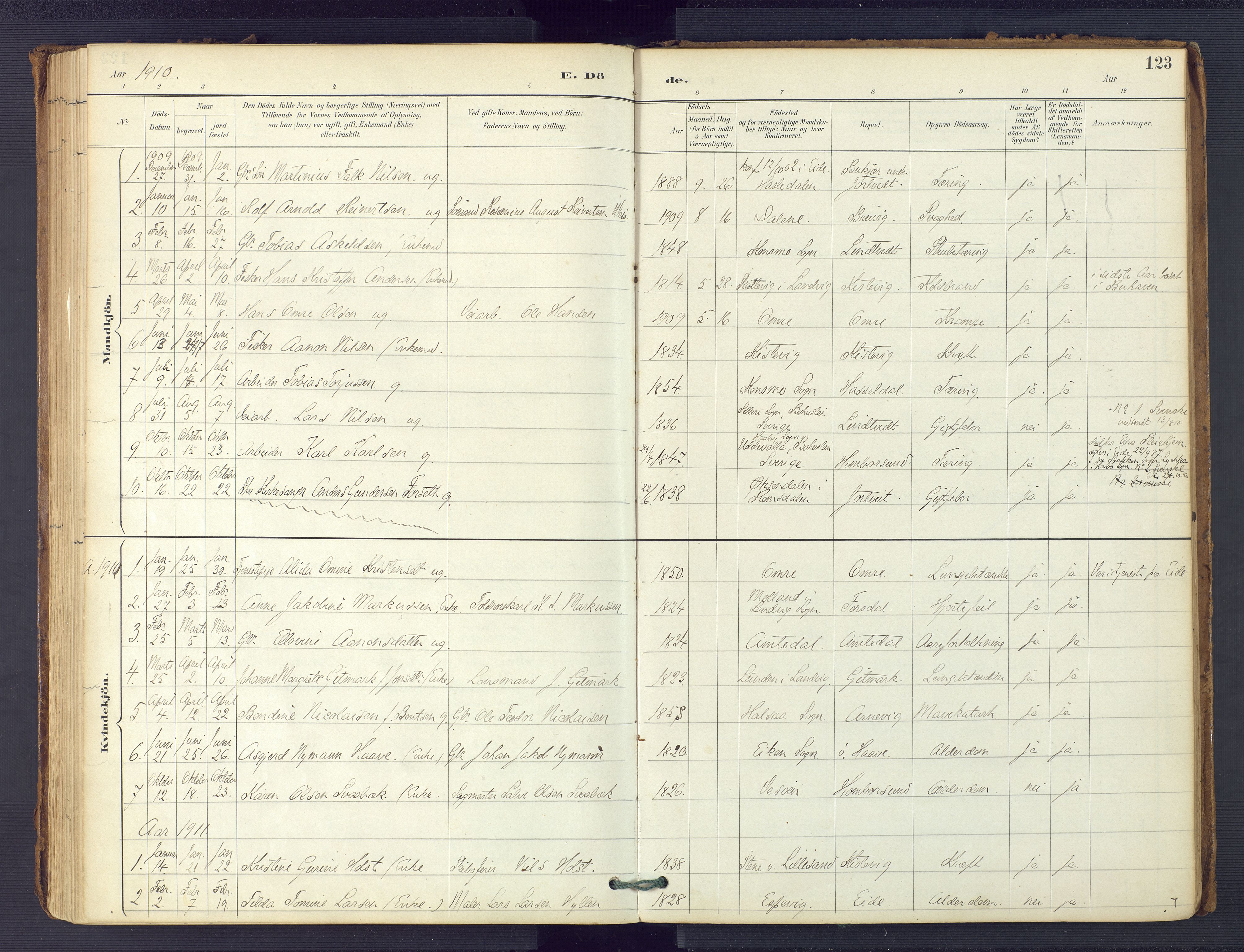 Hommedal sokneprestkontor, SAK/1111-0023/F/Fa/Faa/L0003: Parish register (official) no. A 3, 1885-1916, p. 123