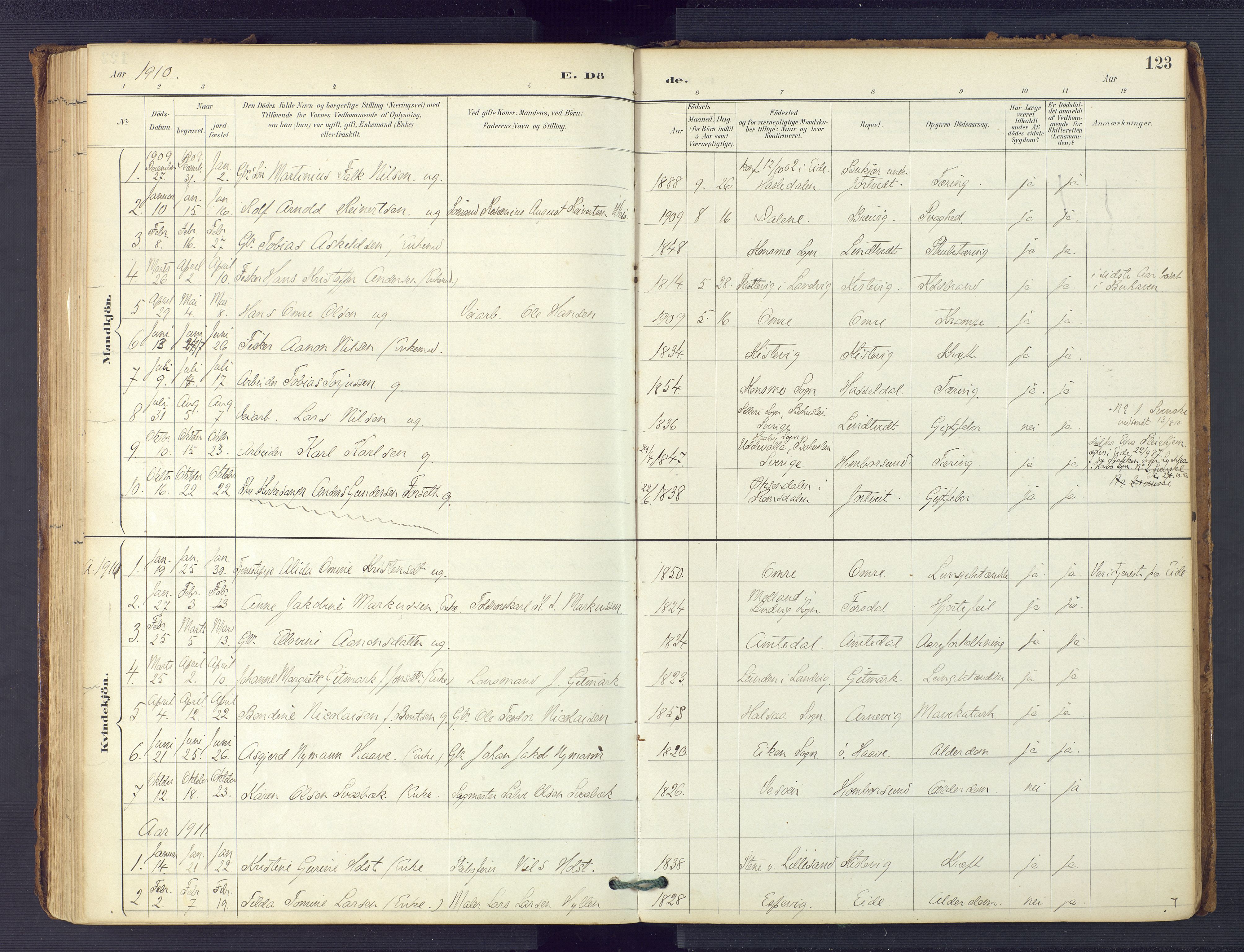 Hommedal sokneprestkontor, AV/SAK-1111-0023/F/Fa/Faa/L0003: Parish register (official) no. A 3, 1885-1916, p. 123