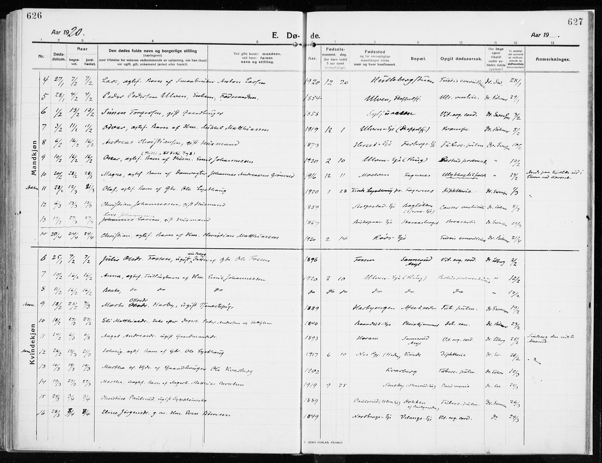 Ringsaker prestekontor, AV/SAH-PREST-014/K/Ka/L0020: Parish register (official) no. 20, 1913-1922, p. 626-627