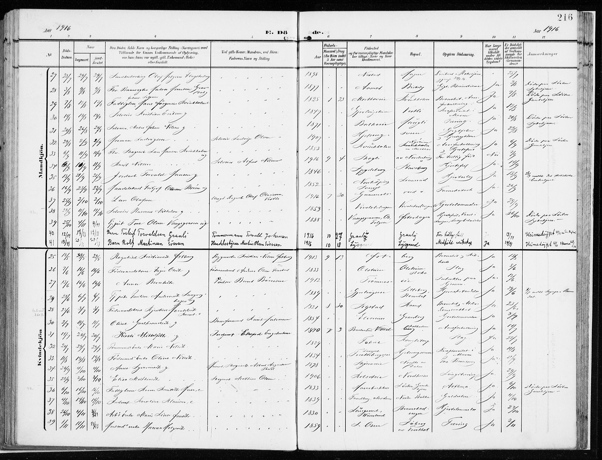 Løten prestekontor, AV/SAH-PREST-022/K/Ka/L0011: Parish register (official) no. 11, 1908-1917, p. 216