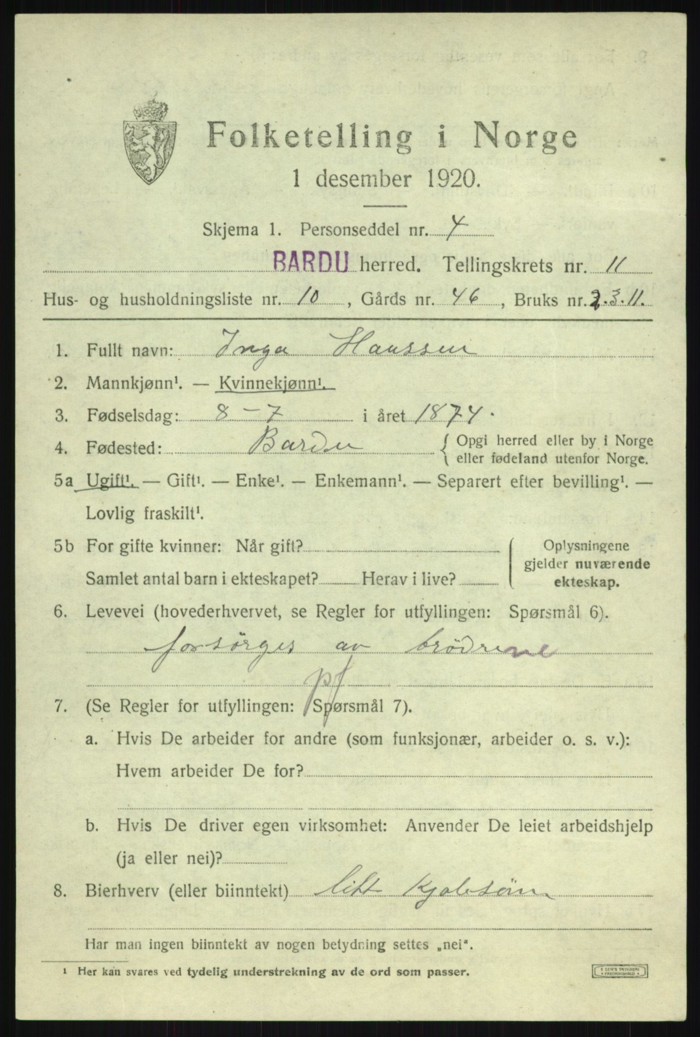 SATØ, 1920 census for Bardu, 1920, p. 3609