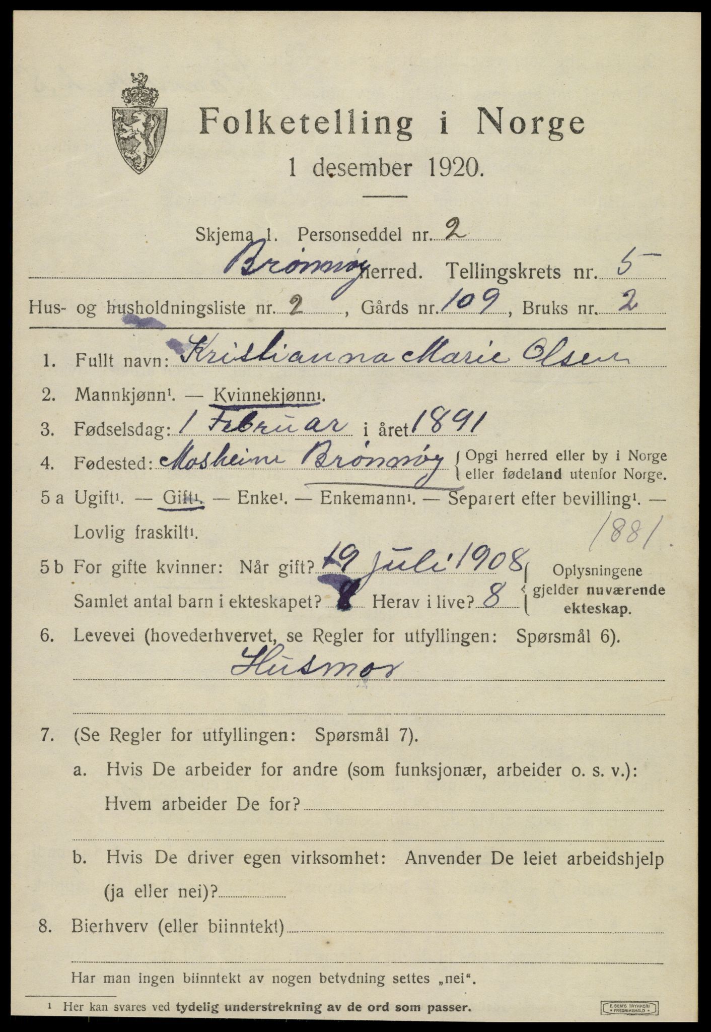 SAT, 1920 census for Brønnøy, 1920, p. 3766