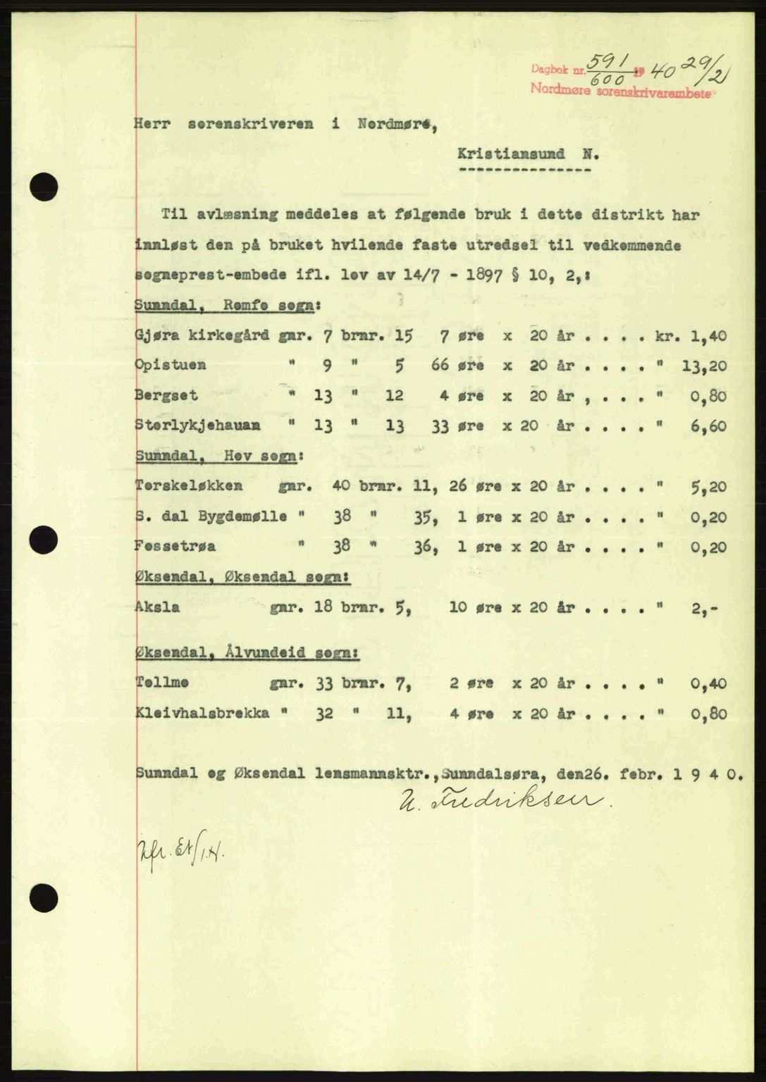 Nordmøre sorenskriveri, AV/SAT-A-4132/1/2/2Ca: Mortgage book no. B86, 1939-1940, Diary no: : 591/1940