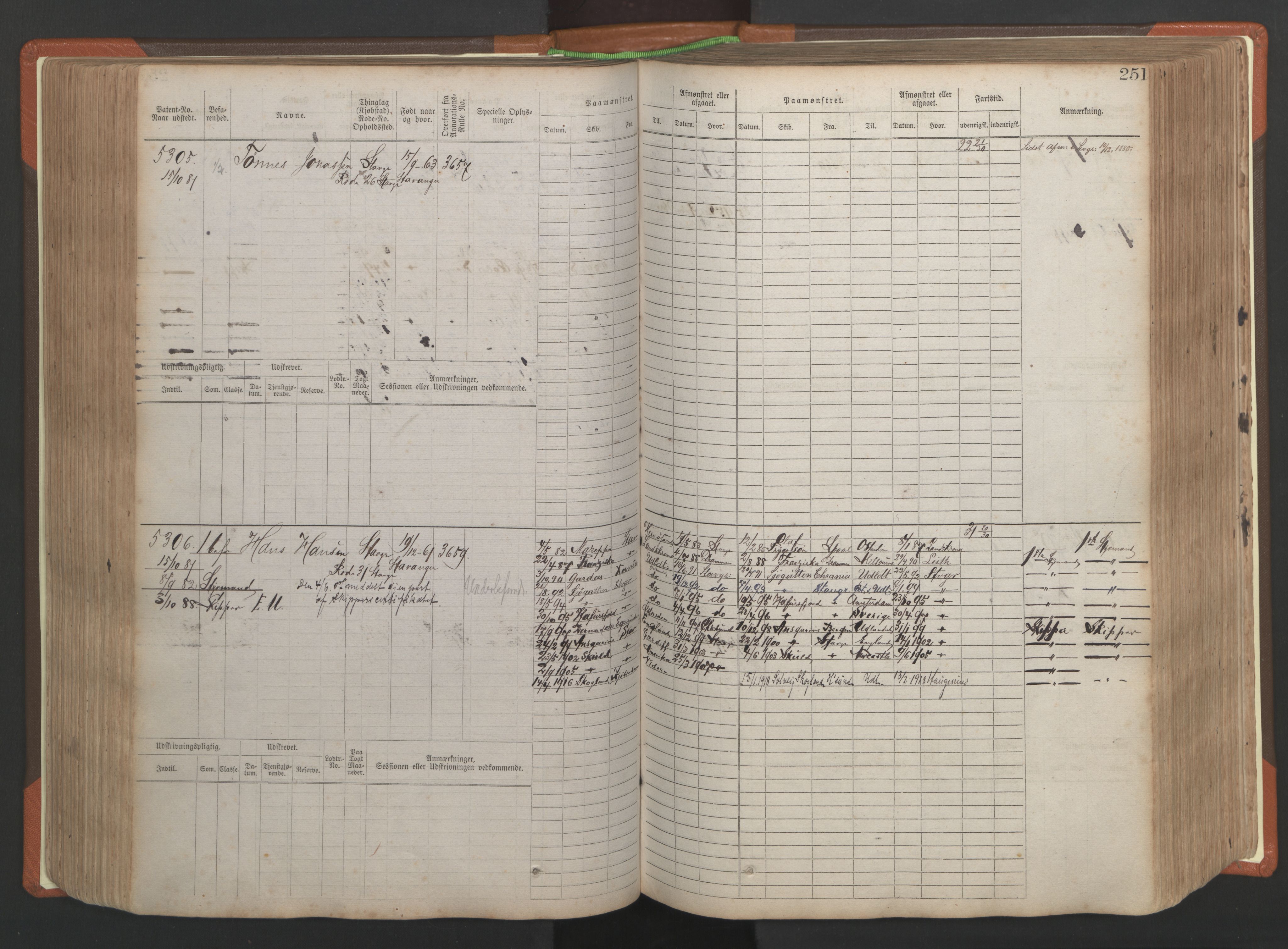 Stavanger sjømannskontor, AV/SAST-A-102006/F/Fb/Fbb/L0009: Sjøfartshovedrulle, patentnr. 4805-6006, 1879-1887, p. 257