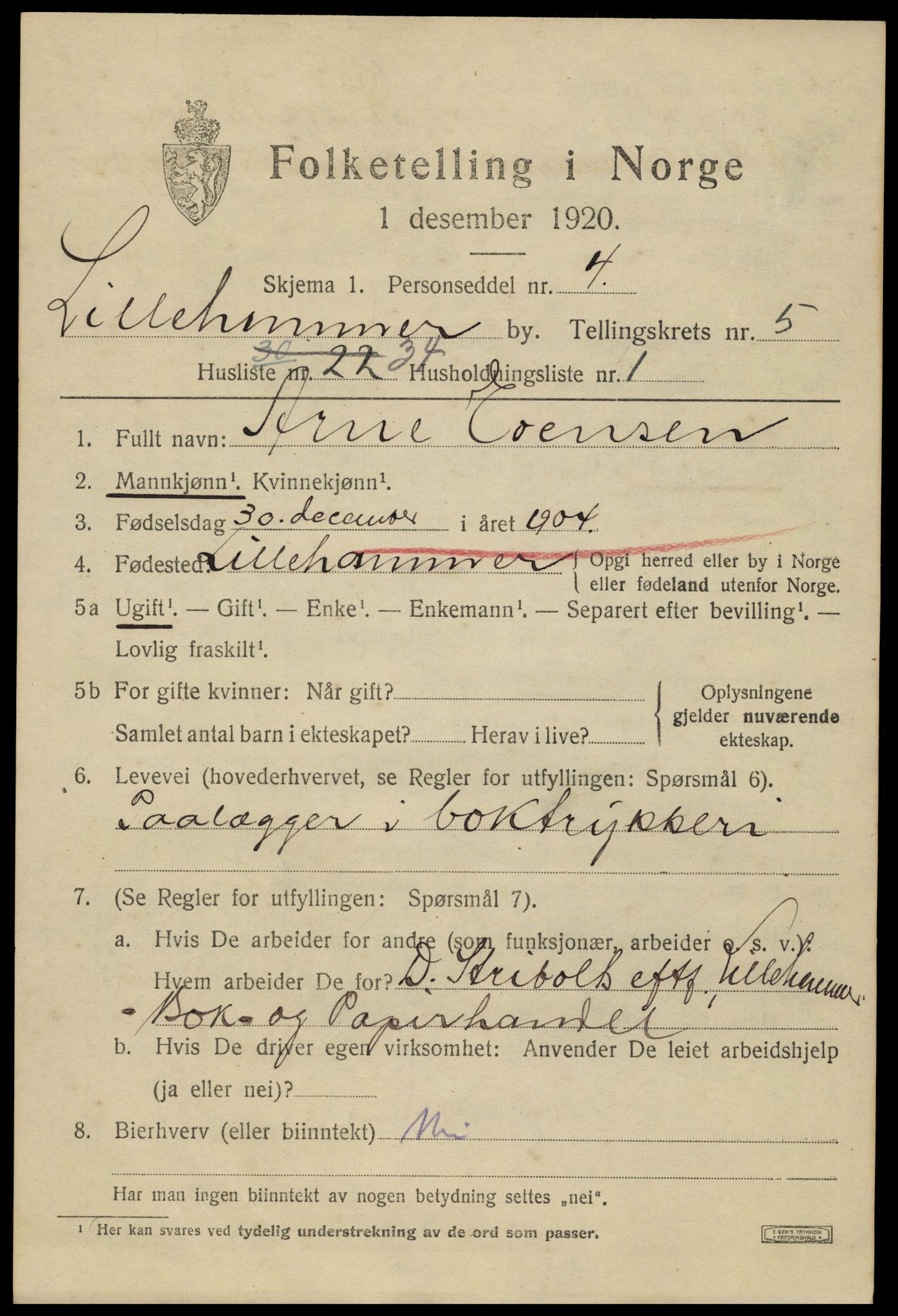 SAH, 1920 census for Lillehammer, 1920, p. 8210