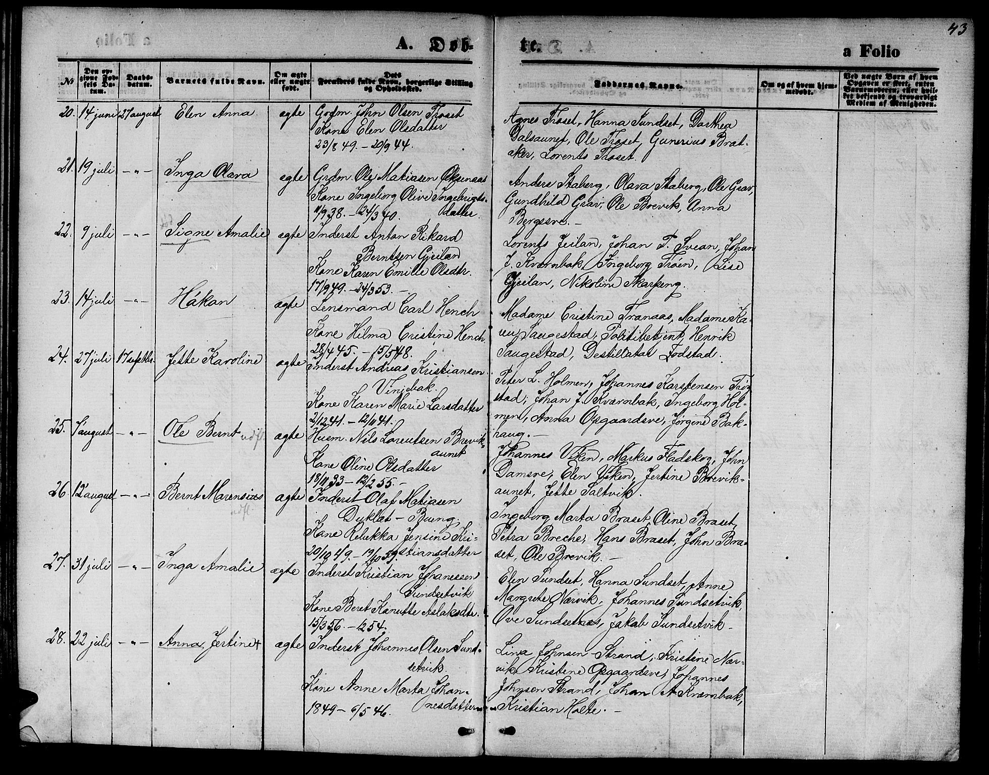 Ministerialprotokoller, klokkerbøker og fødselsregistre - Nord-Trøndelag, AV/SAT-A-1458/733/L0326: Parish register (copy) no. 733C01, 1871-1887, p. 43