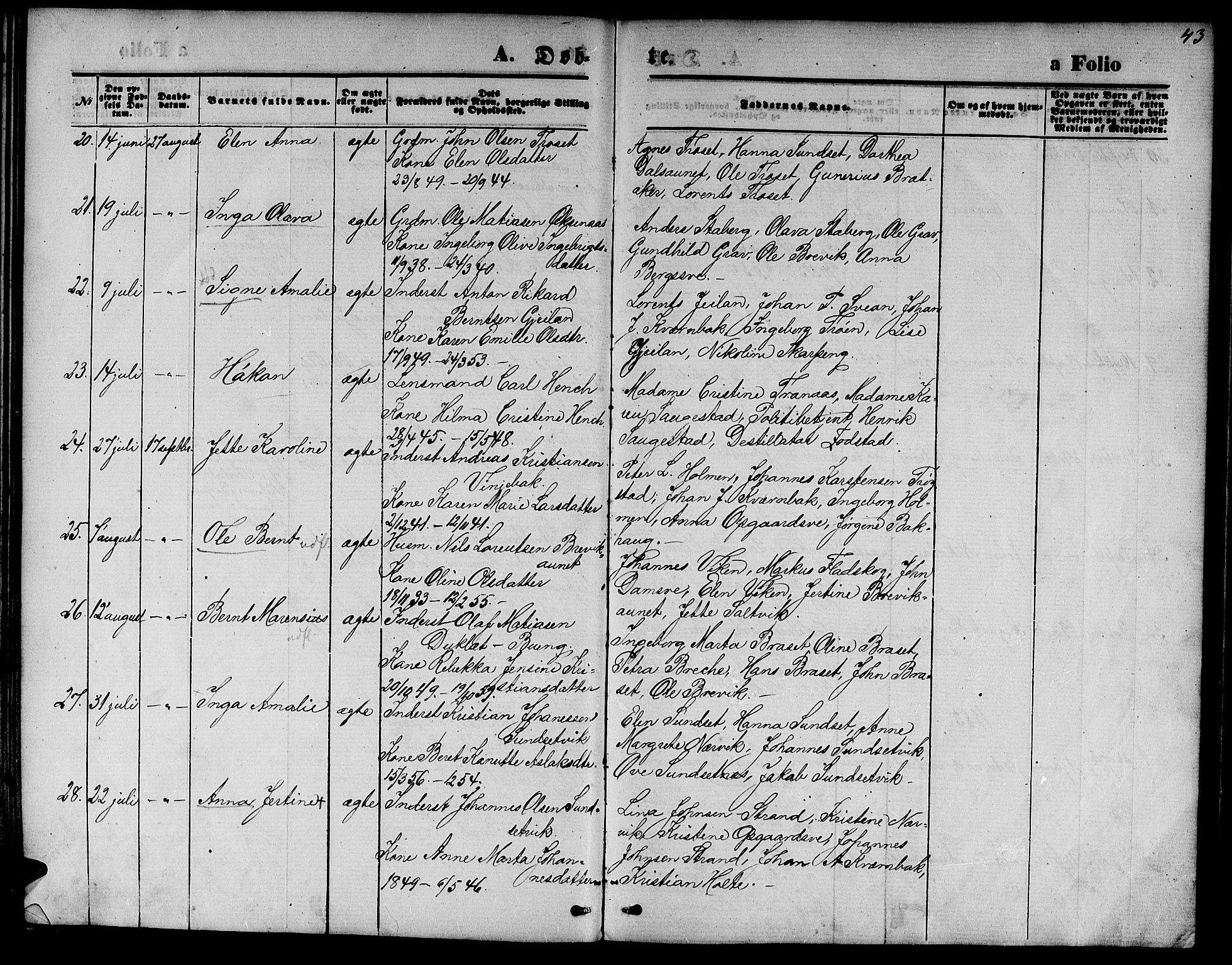 Ministerialprotokoller, klokkerbøker og fødselsregistre - Nord-Trøndelag, SAT/A-1458/733/L0326: Parish register (copy) no. 733C01, 1871-1887, p. 43