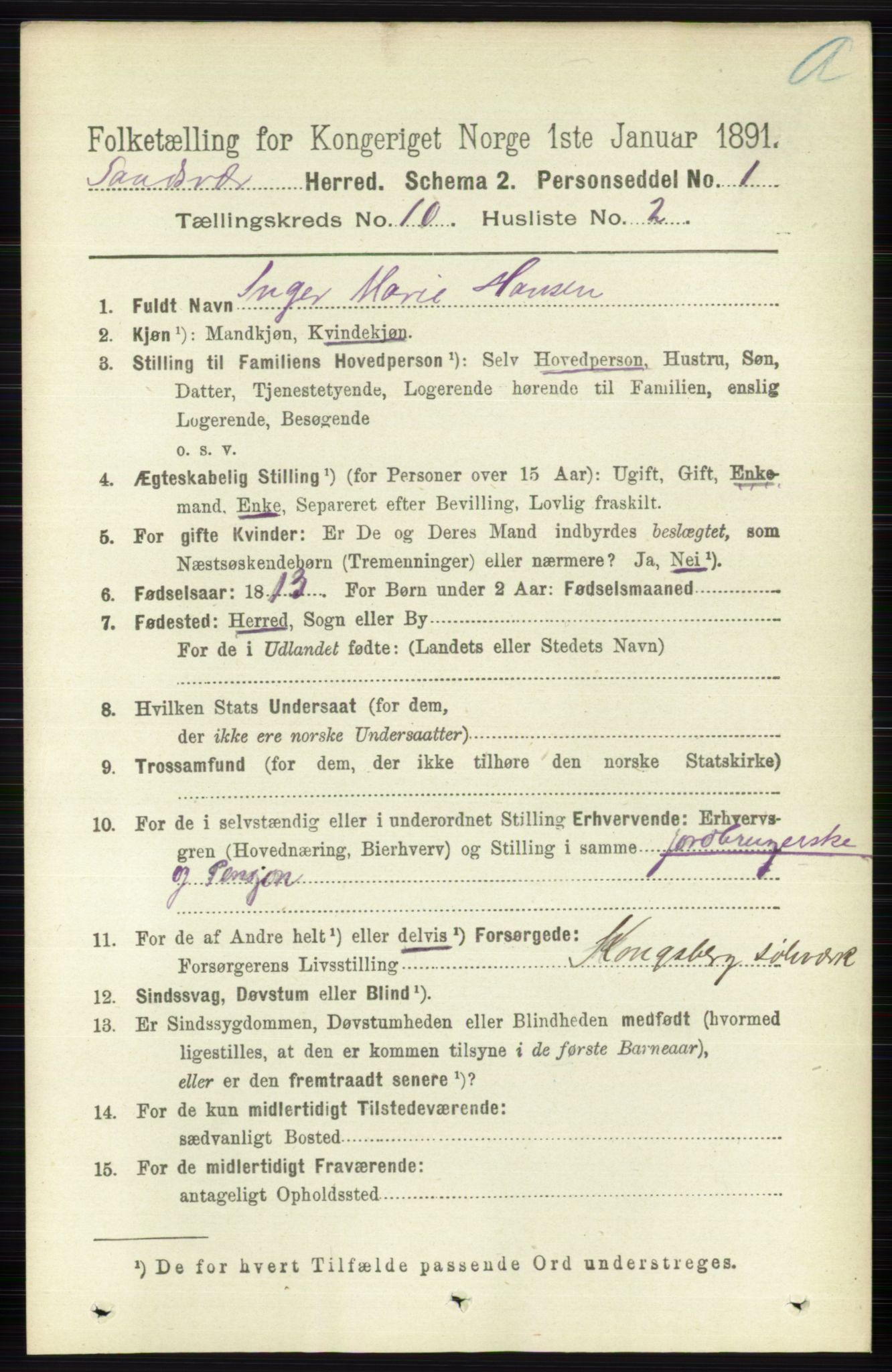 RA, 1891 census for 0629 Sandsvær, 1891, p. 4929