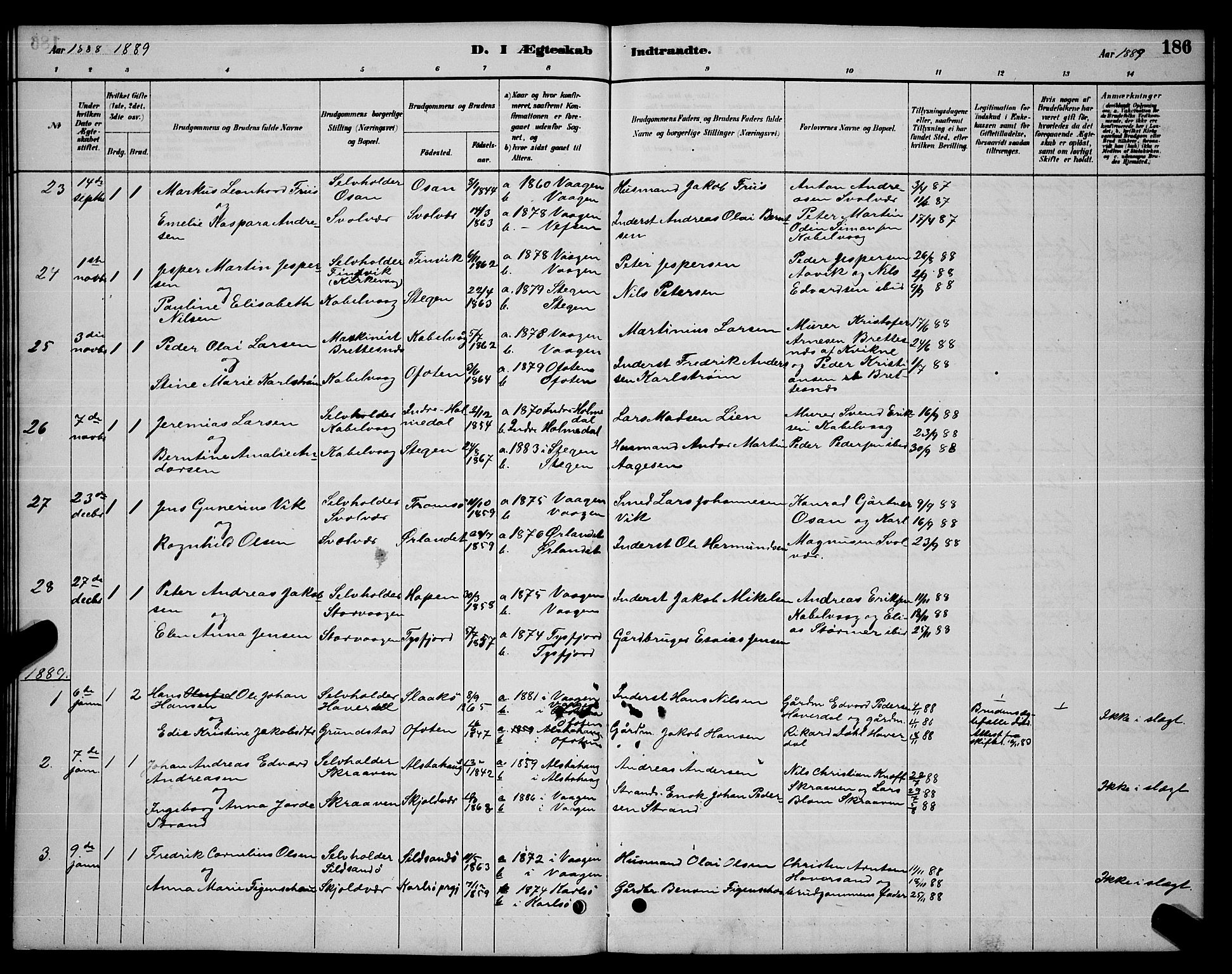 Ministerialprotokoller, klokkerbøker og fødselsregistre - Nordland, AV/SAT-A-1459/874/L1076: Parish register (copy) no. 874C05, 1884-1890, p. 186