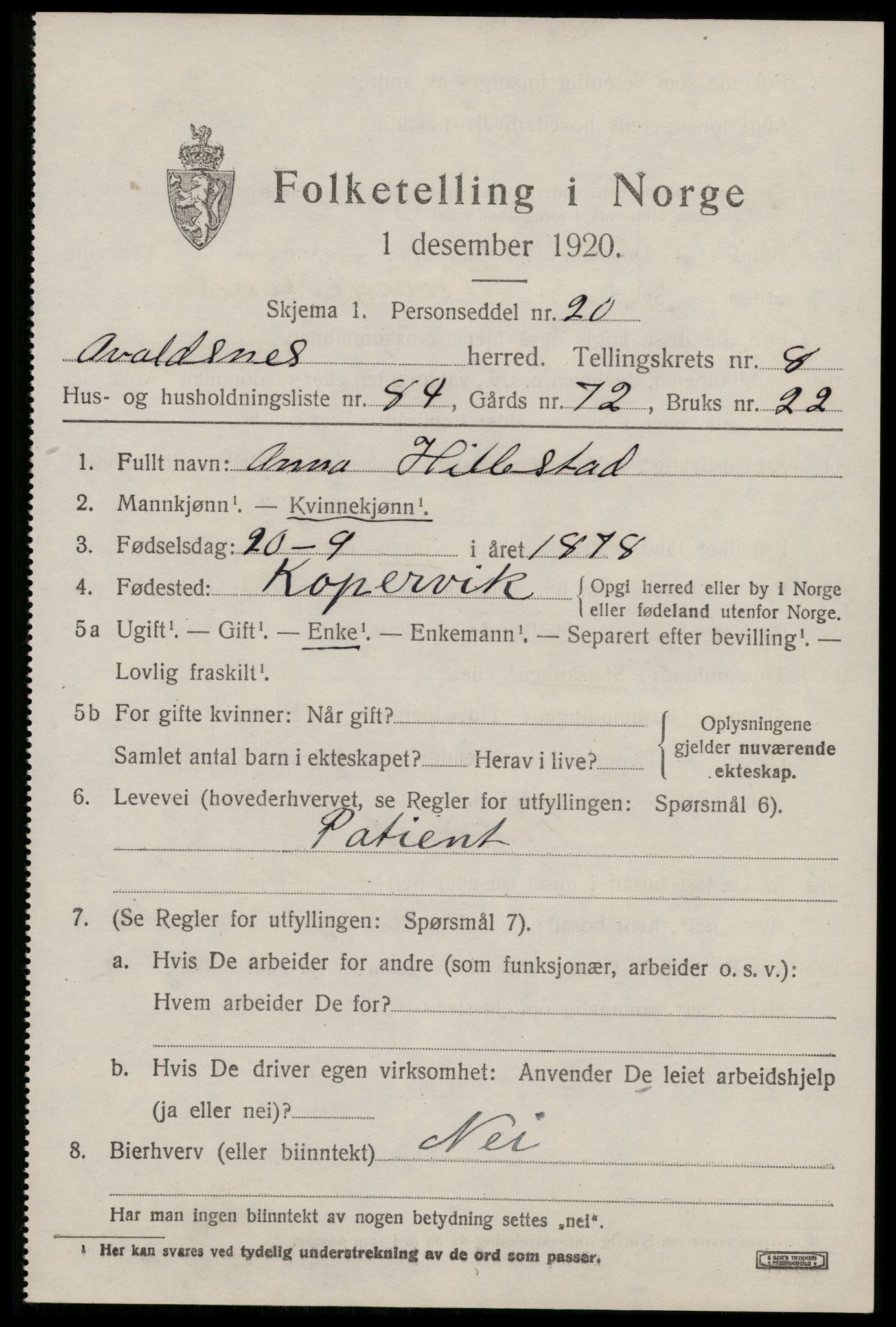 SAST, 1920 census for Avaldsnes, 1920, p. 7101