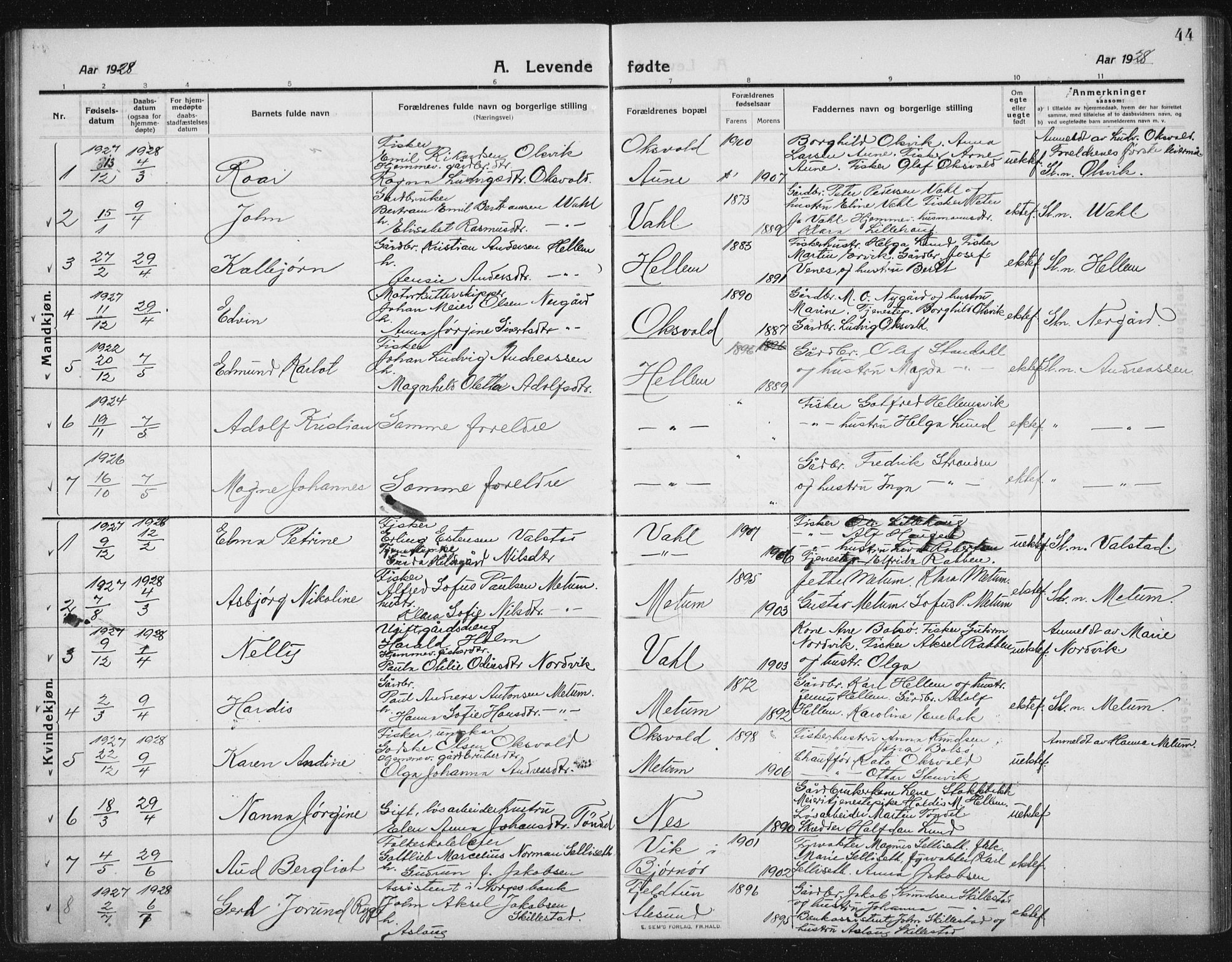 Ministerialprotokoller, klokkerbøker og fødselsregistre - Sør-Trøndelag, SAT/A-1456/652/L0654: Parish register (copy) no. 652C02, 1910-1937, p. 44
