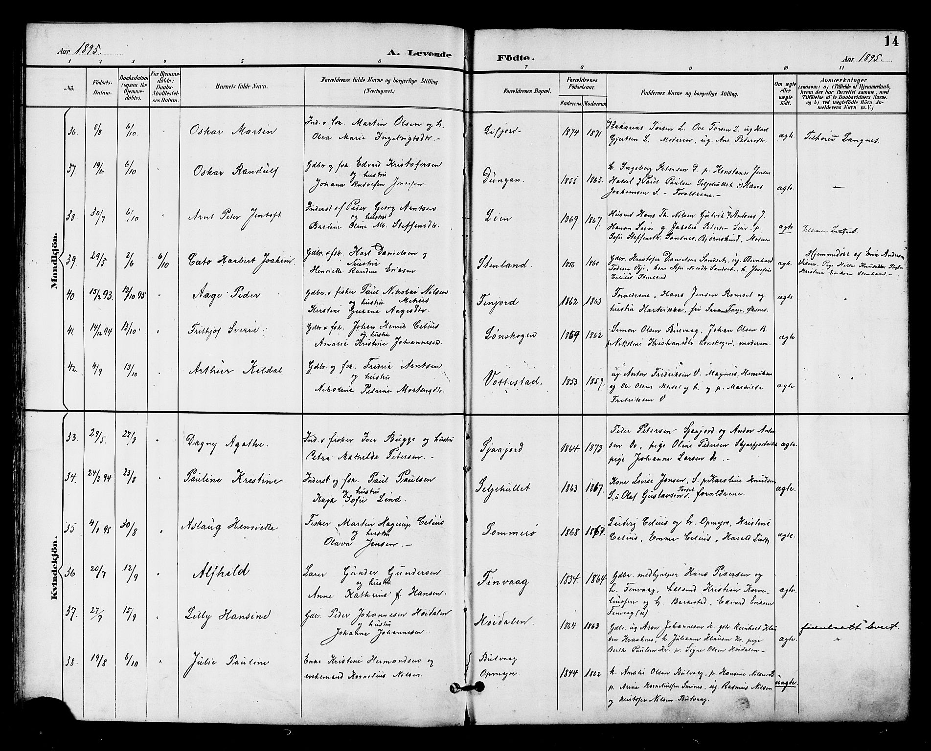 Ministerialprotokoller, klokkerbøker og fødselsregistre - Nordland, AV/SAT-A-1459/893/L1338: Parish register (official) no. 893A10, 1894-1903, p. 14