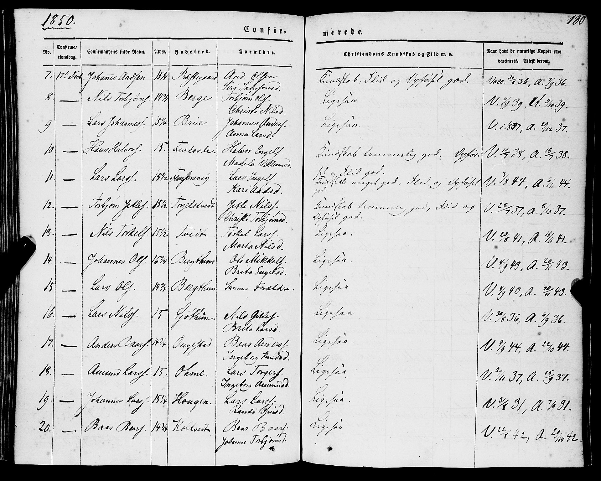 Strandebarm sokneprestembete, AV/SAB-A-78401/H/Haa: Parish register (official) no. A 7, 1844-1872, p. 180