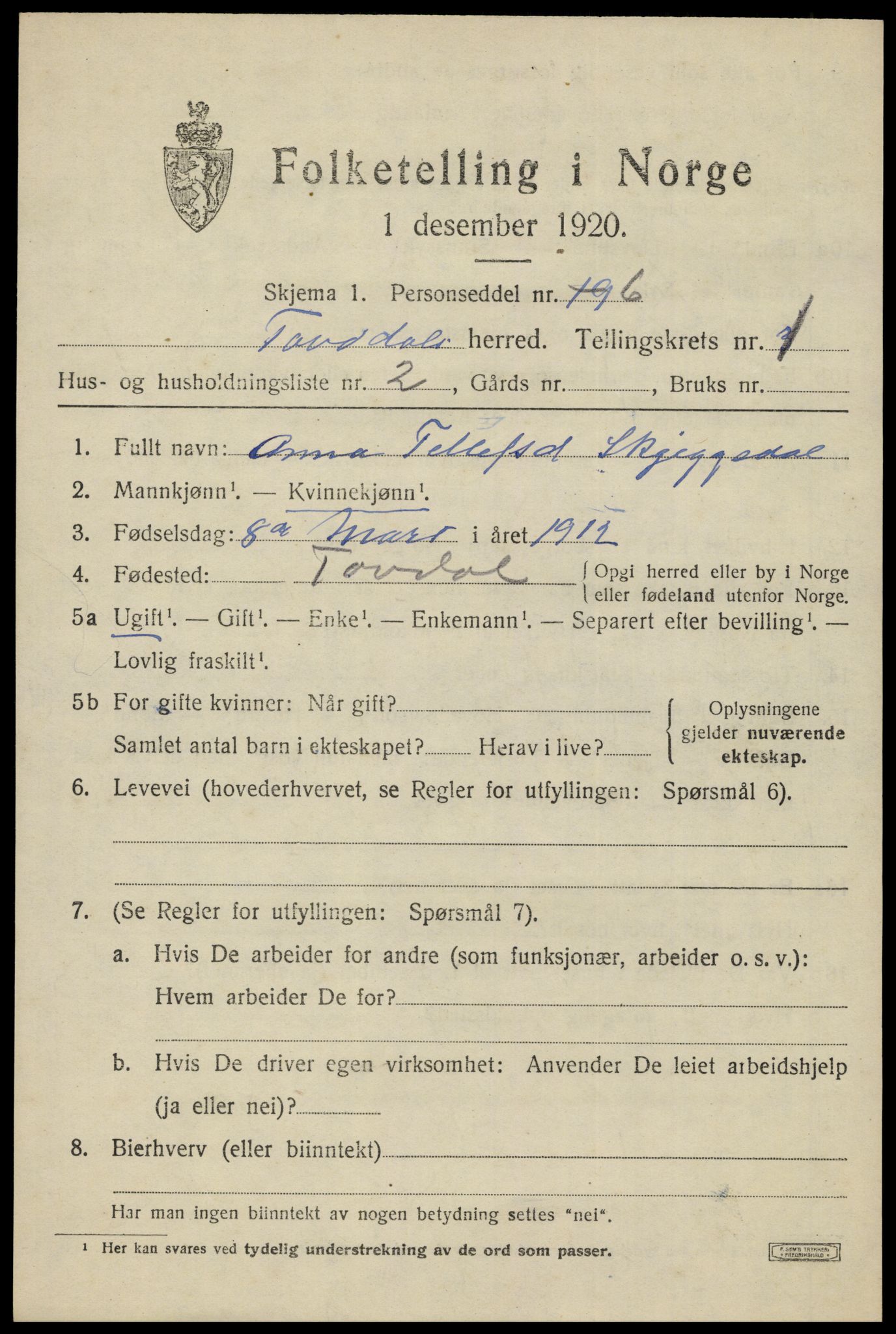 SAK, 1920 census for Tovdal, 1920, p. 181