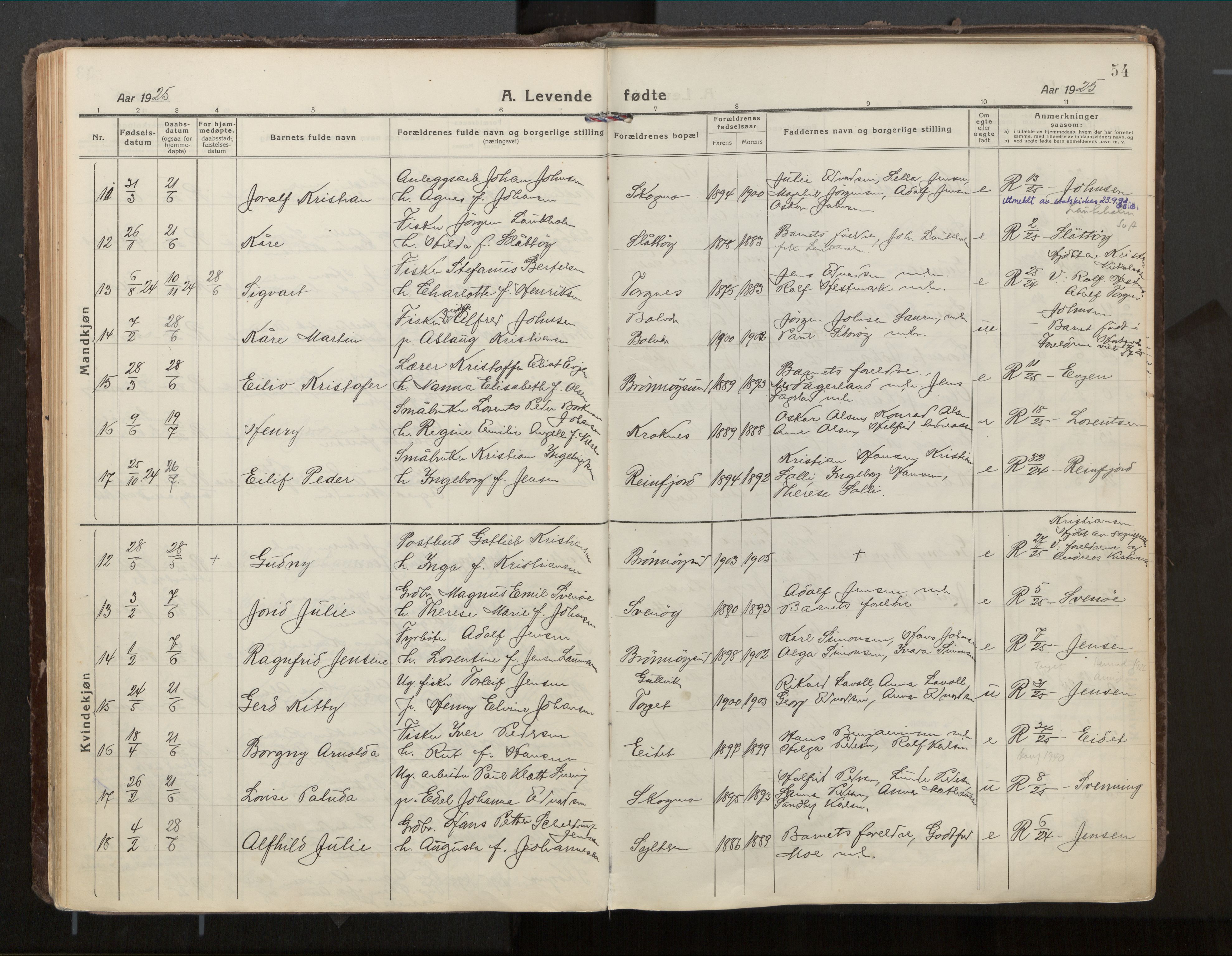 Ministerialprotokoller, klokkerbøker og fødselsregistre - Nordland, AV/SAT-A-1459/813/L0207a: Parish register (official) no. 813A18, 1919-1927, p. 54