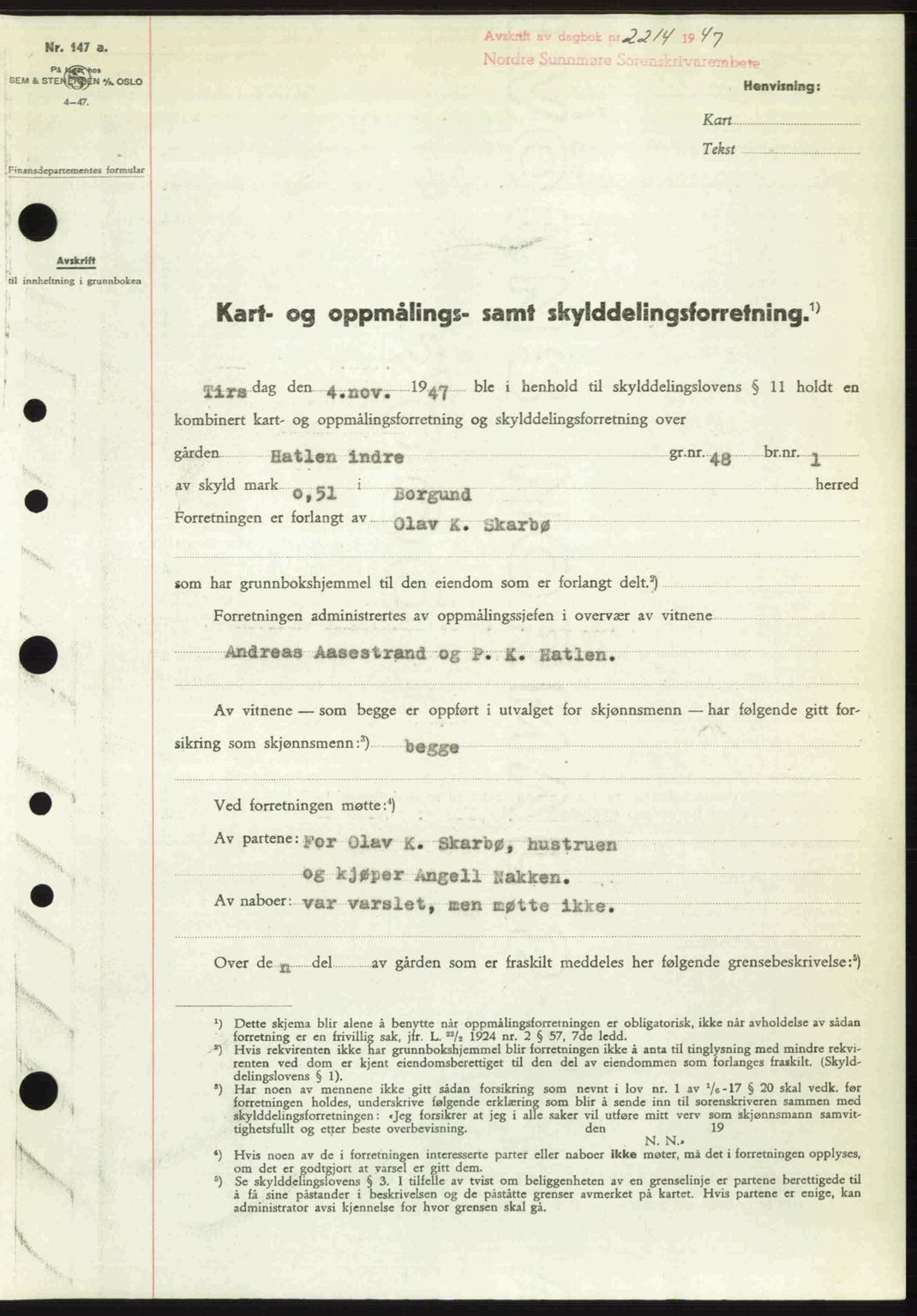 Nordre Sunnmøre sorenskriveri, AV/SAT-A-0006/1/2/2C/2Ca: Mortgage book no. A26, 1947-1948, Diary no: : 2214/1947