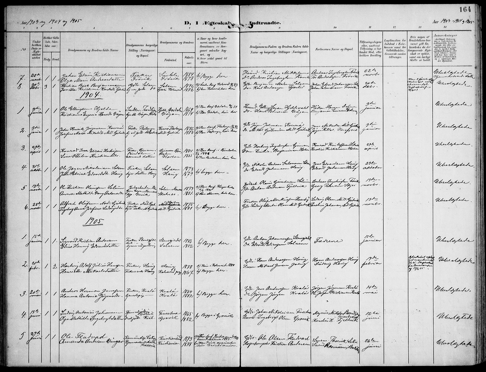 Ministerialprotokoller, klokkerbøker og fødselsregistre - Nord-Trøndelag, AV/SAT-A-1458/788/L0698: Parish register (official) no. 788A05, 1902-1921, p. 164