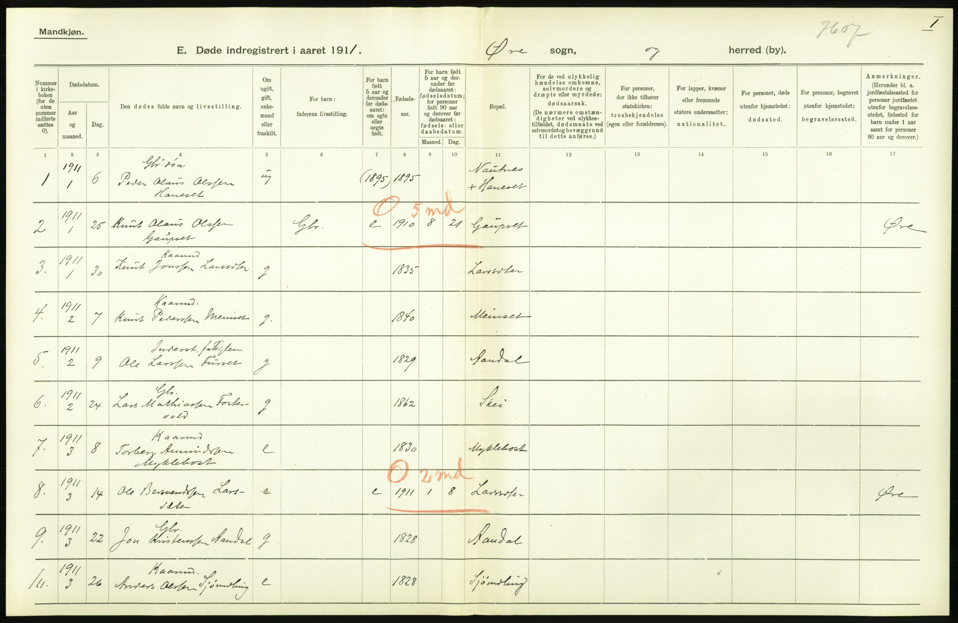 Statistisk sentralbyrå, Sosiodemografiske emner, Befolkning, AV/RA-S-2228/D/Df/Dfb/Dfba/L0038: Romsdals amt:  Døde. Bygder og byer., 1911, p. 26