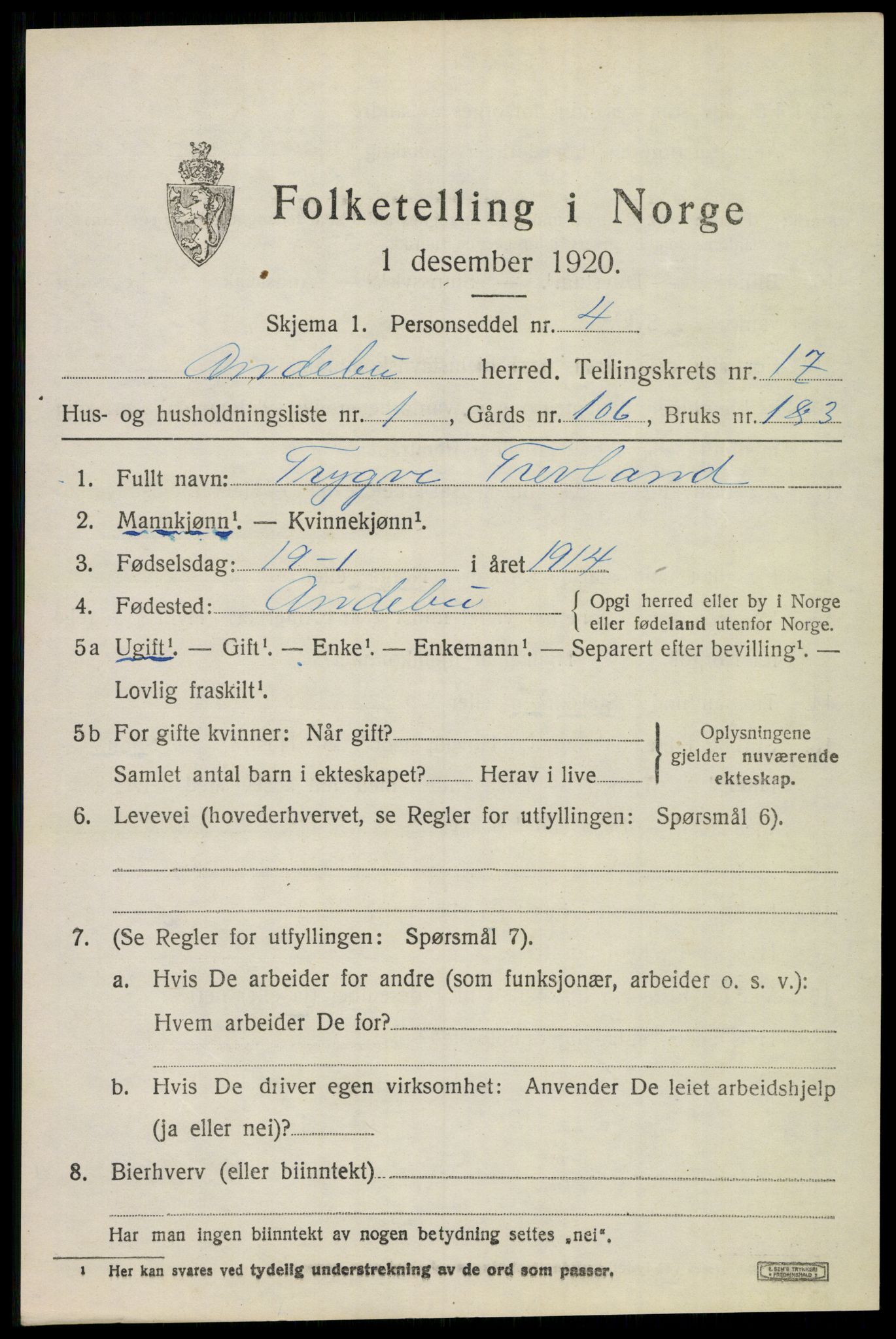 SAKO, 1920 census for Andebu, 1920, p. 5724