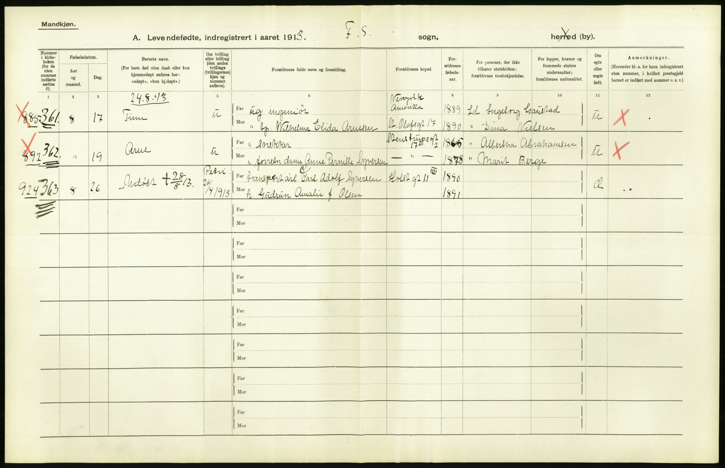 Statistisk sentralbyrå, Sosiodemografiske emner, Befolkning, AV/RA-S-2228/D/Df/Dfb/Dfbc/L0007: Kristiania: Levendefødte menn og kvinner., 1913, p. 54