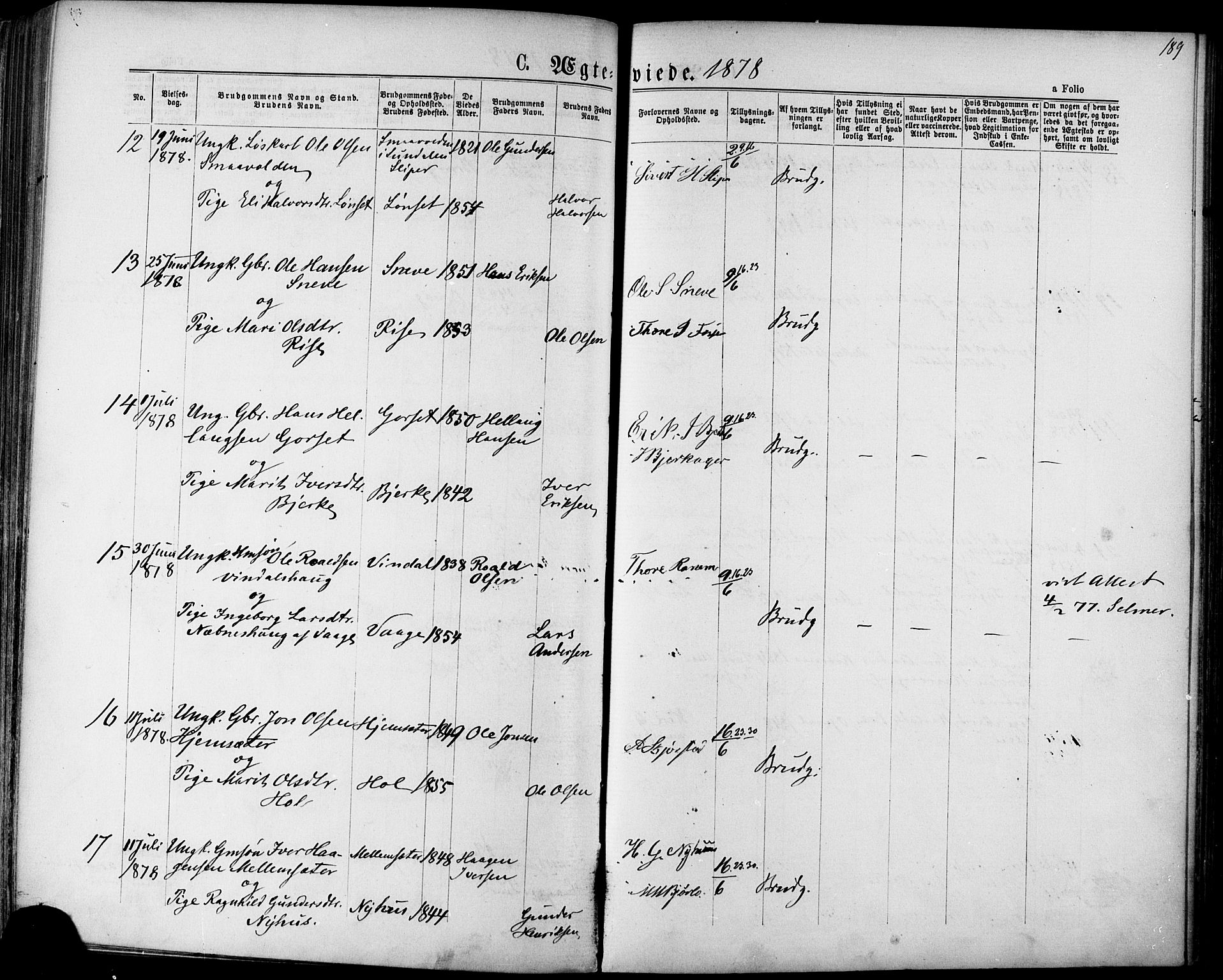 Ministerialprotokoller, klokkerbøker og fødselsregistre - Sør-Trøndelag, AV/SAT-A-1456/678/L0900: Parish register (official) no. 678A09, 1872-1881, p. 189