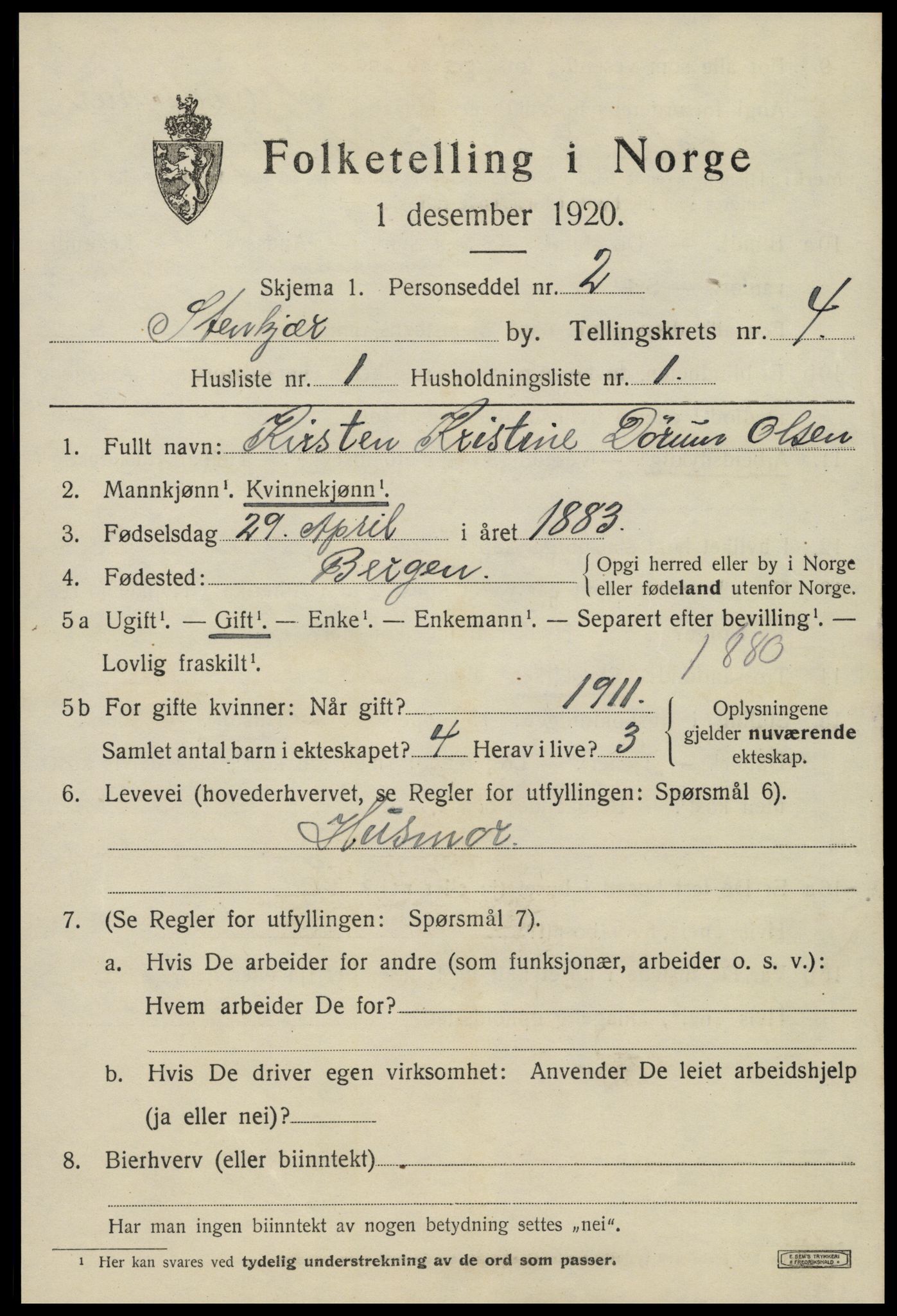 SAT, 1920 census for Steinkjer, 1920, p. 6992