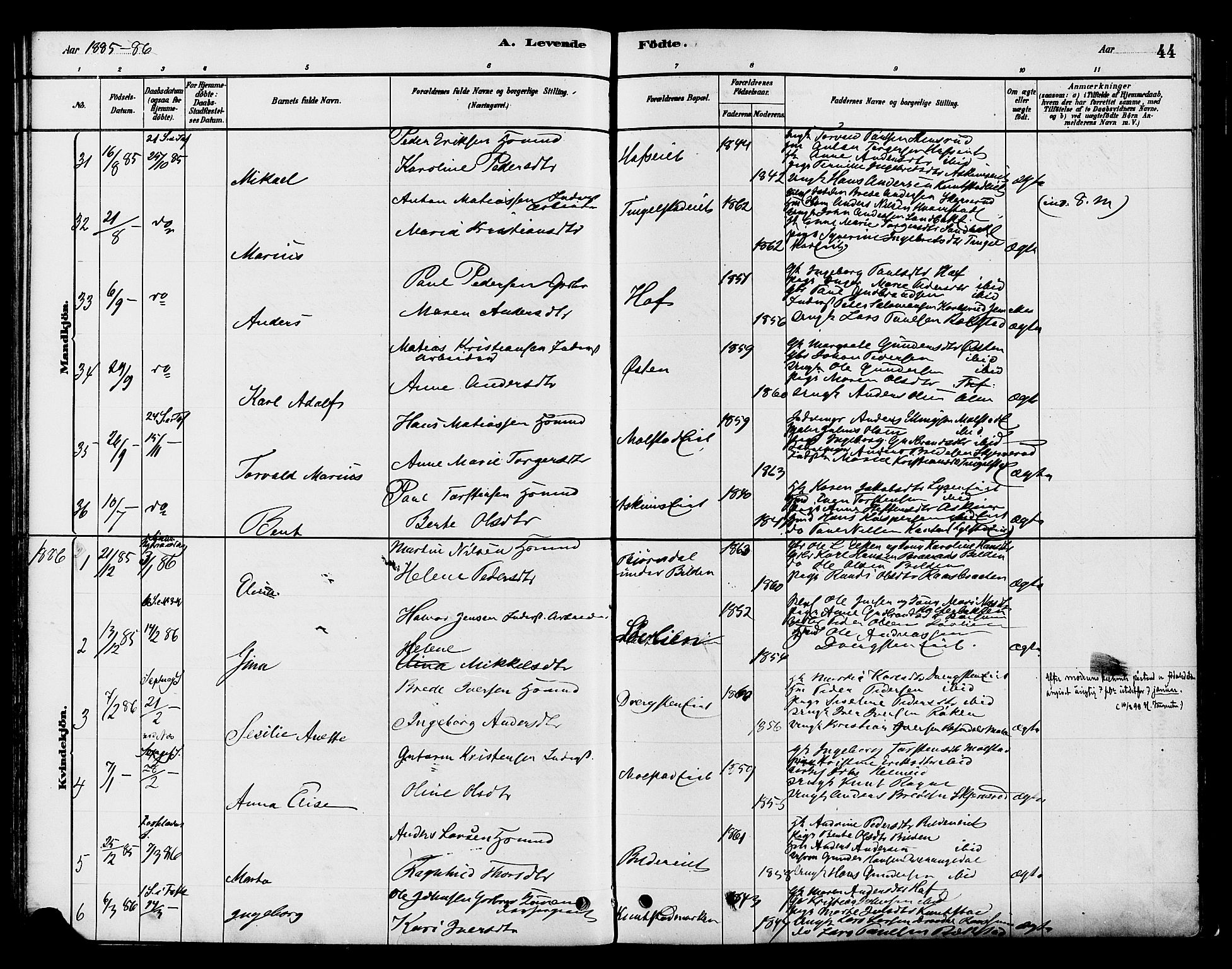 Gran prestekontor, SAH/PREST-112/H/Ha/Haa/L0016: Parish register (official) no. 16, 1880-1888, p. 44