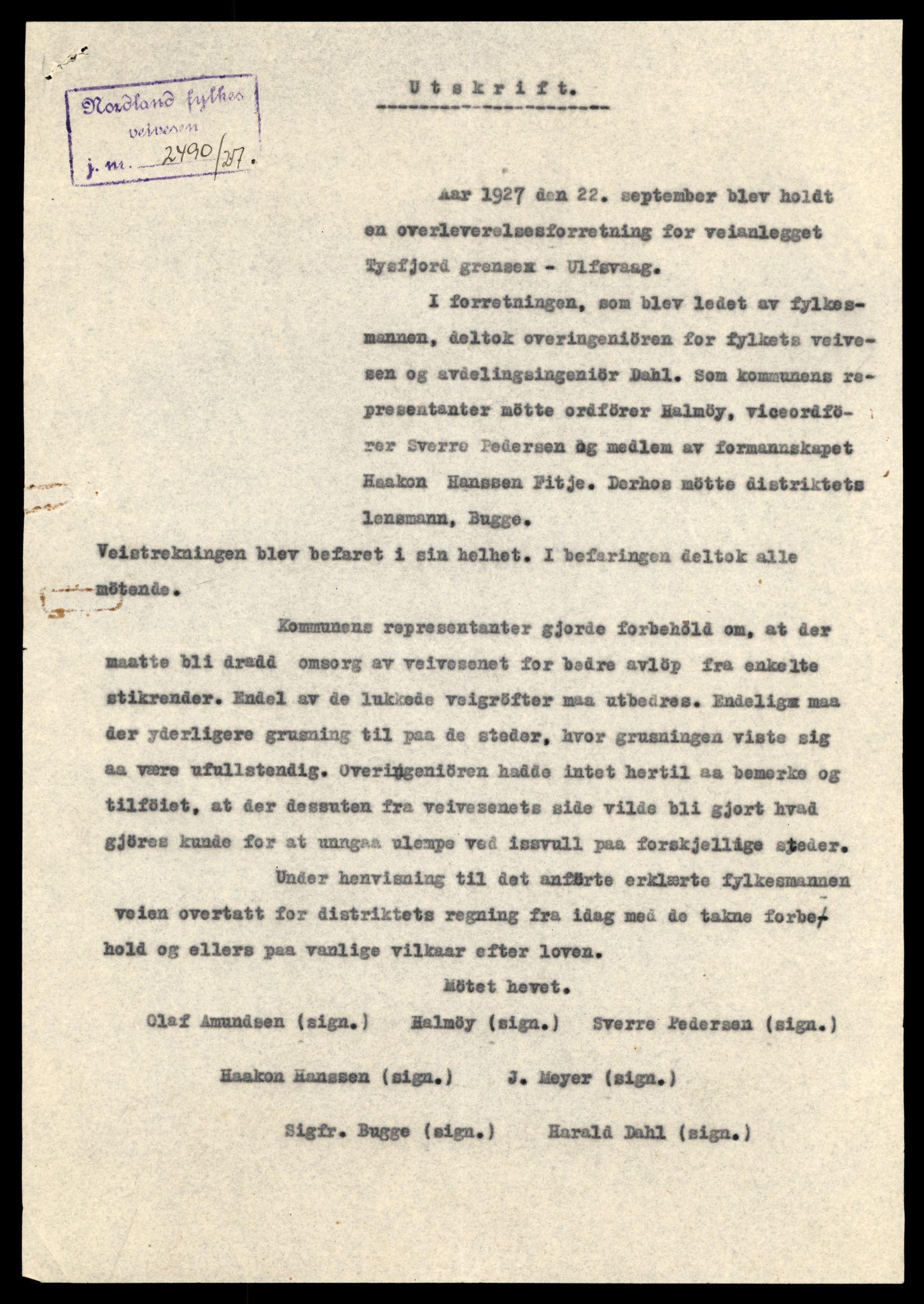 Nordland vegkontor, AV/SAT-A-4181/F/Fa/L0030: Hamarøy/Tysfjord, 1885-1948, p. 504