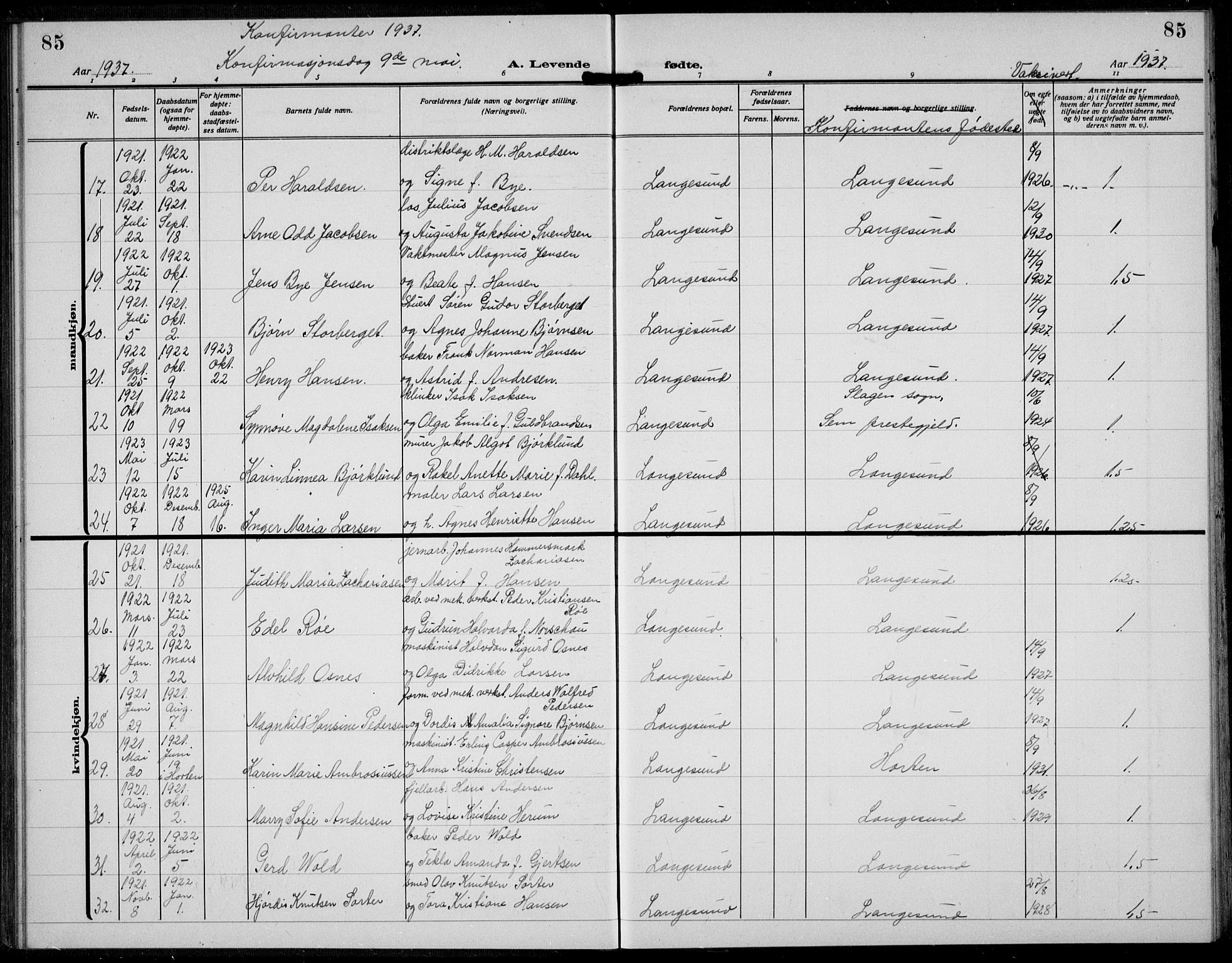 Langesund kirkebøker, AV/SAKO-A-280/G/Ga/L0007: Parish register (copy) no. 7, 1919-1939, p. 85